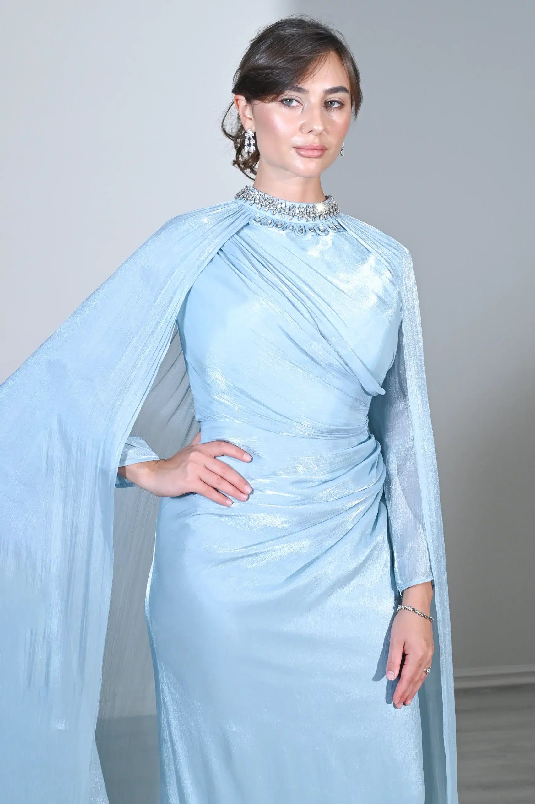 Embellished Neck Gathered Organza Dress