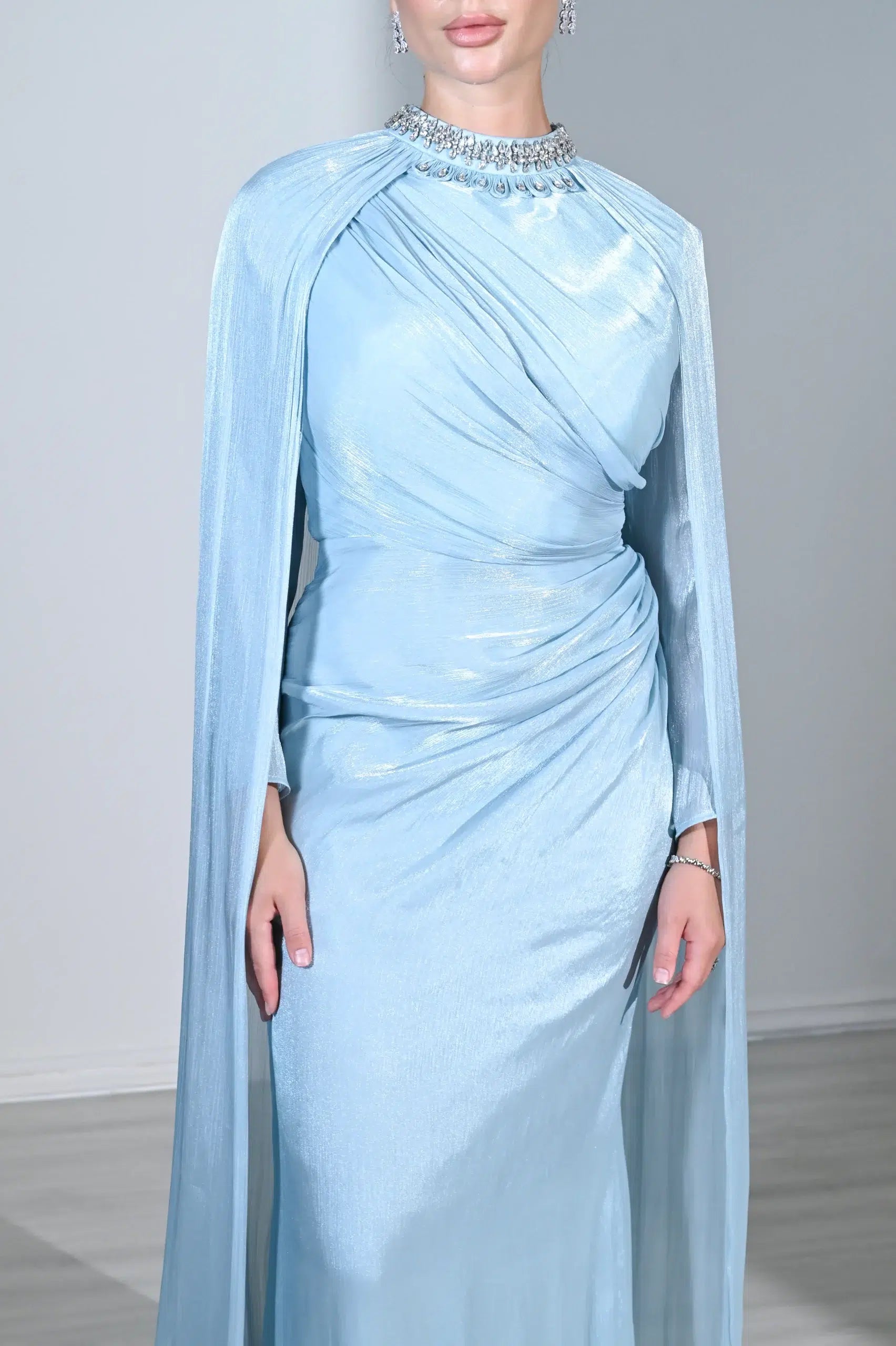 Embellished Neck Gathered Organza Dress