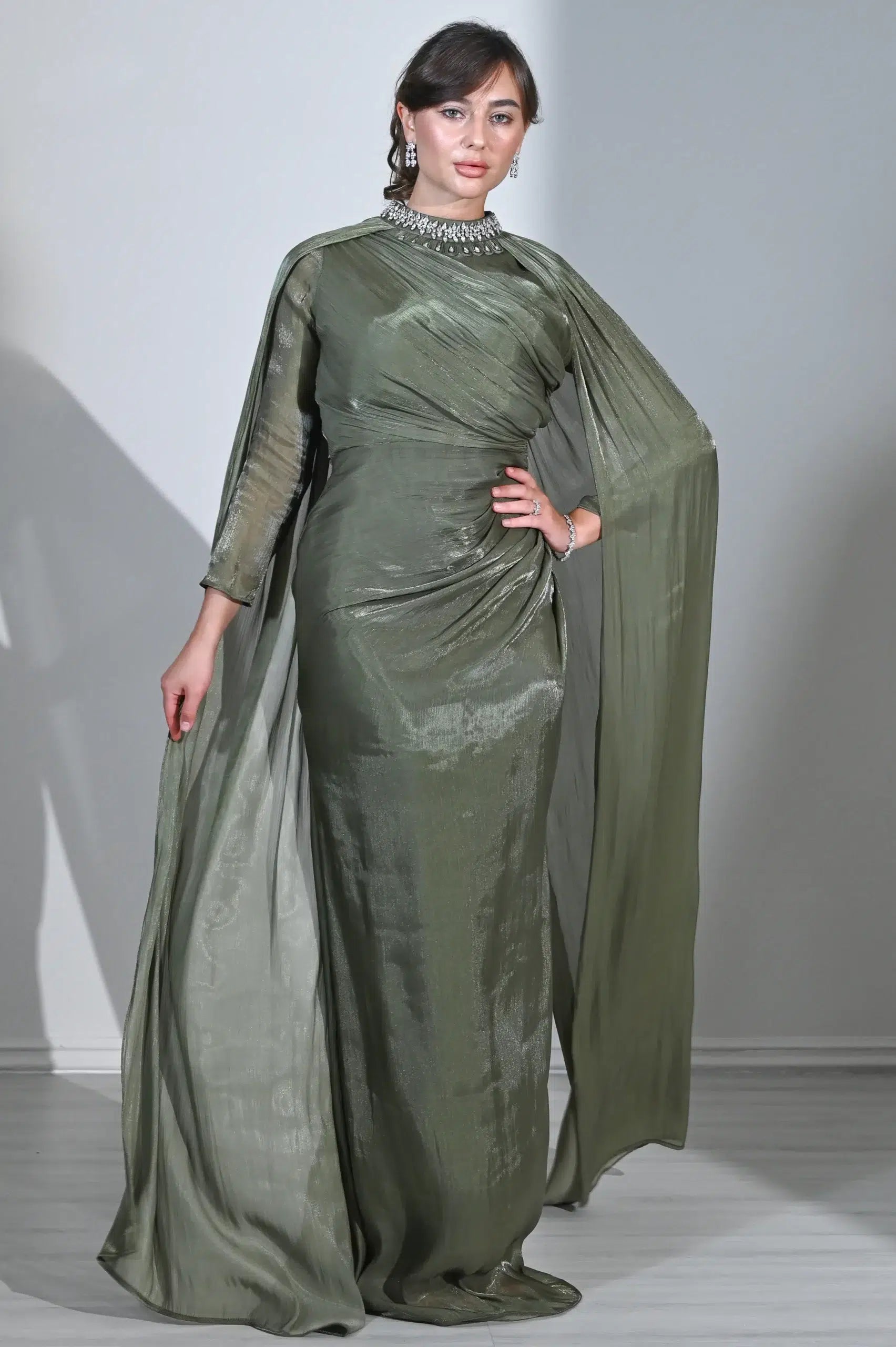 Embellished Neck Gathered Organza Dress