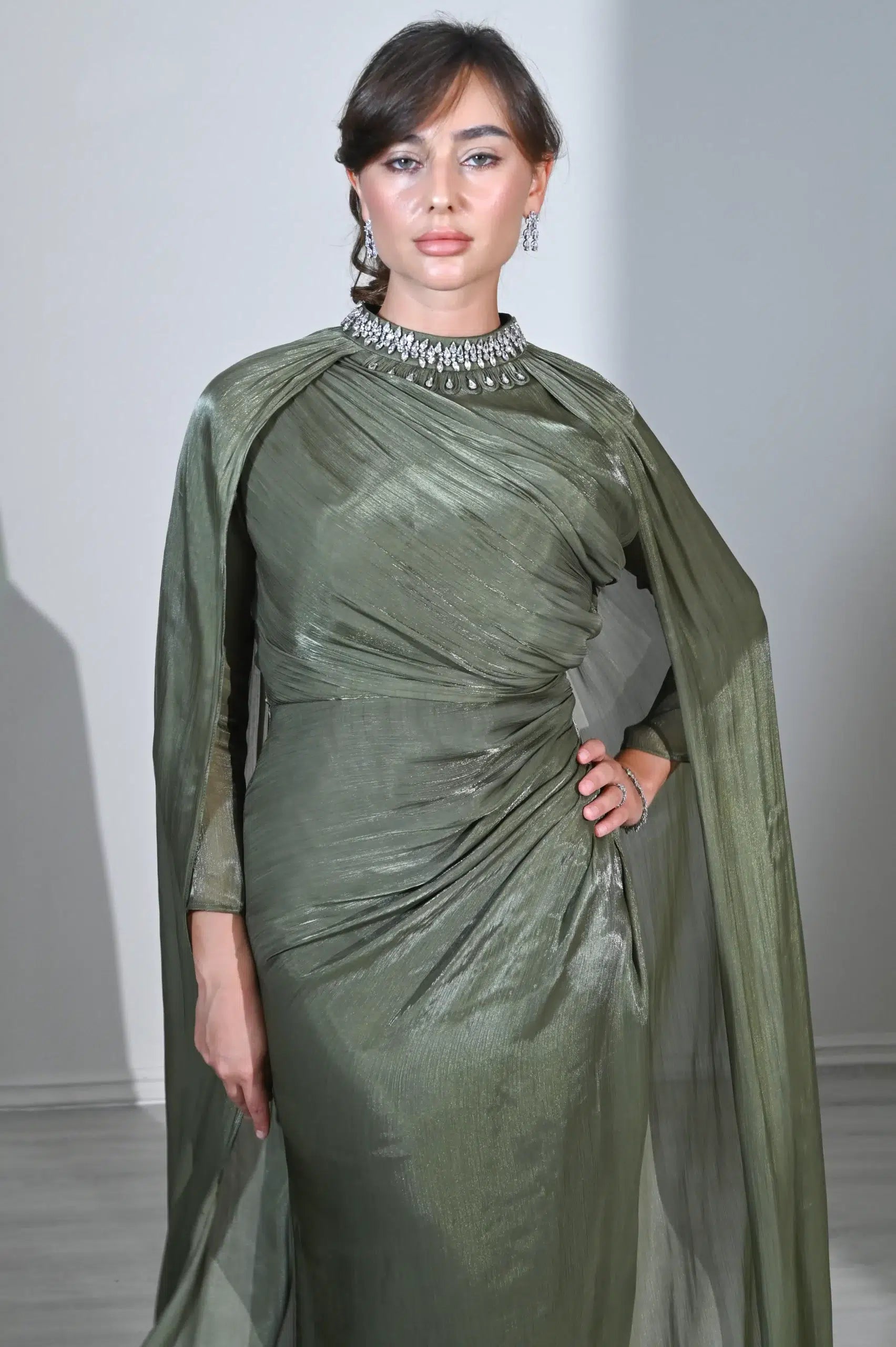 Embellished Neck Gathered Organza Dress