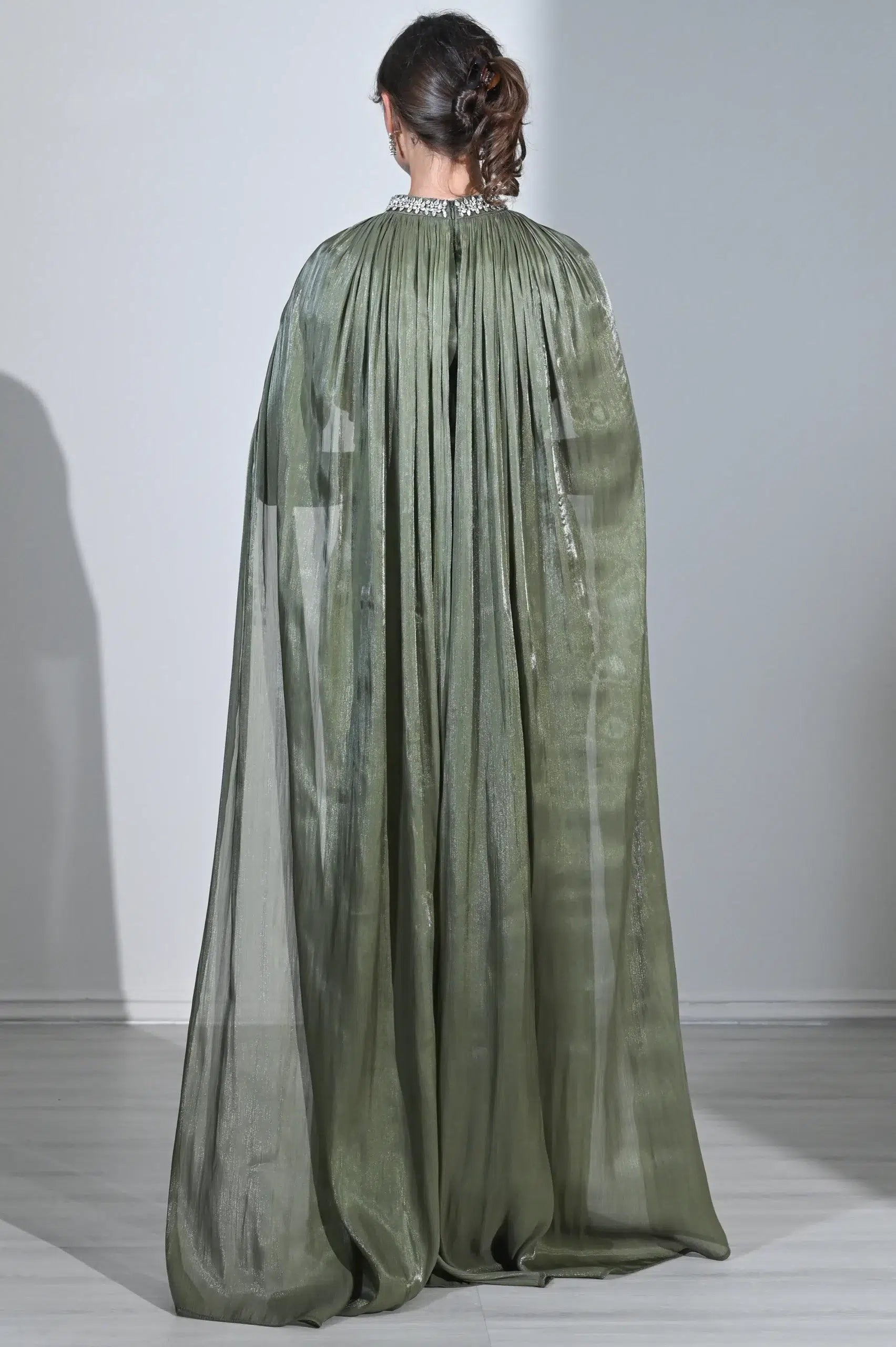 Embellished Neck Gathered Organza Dress