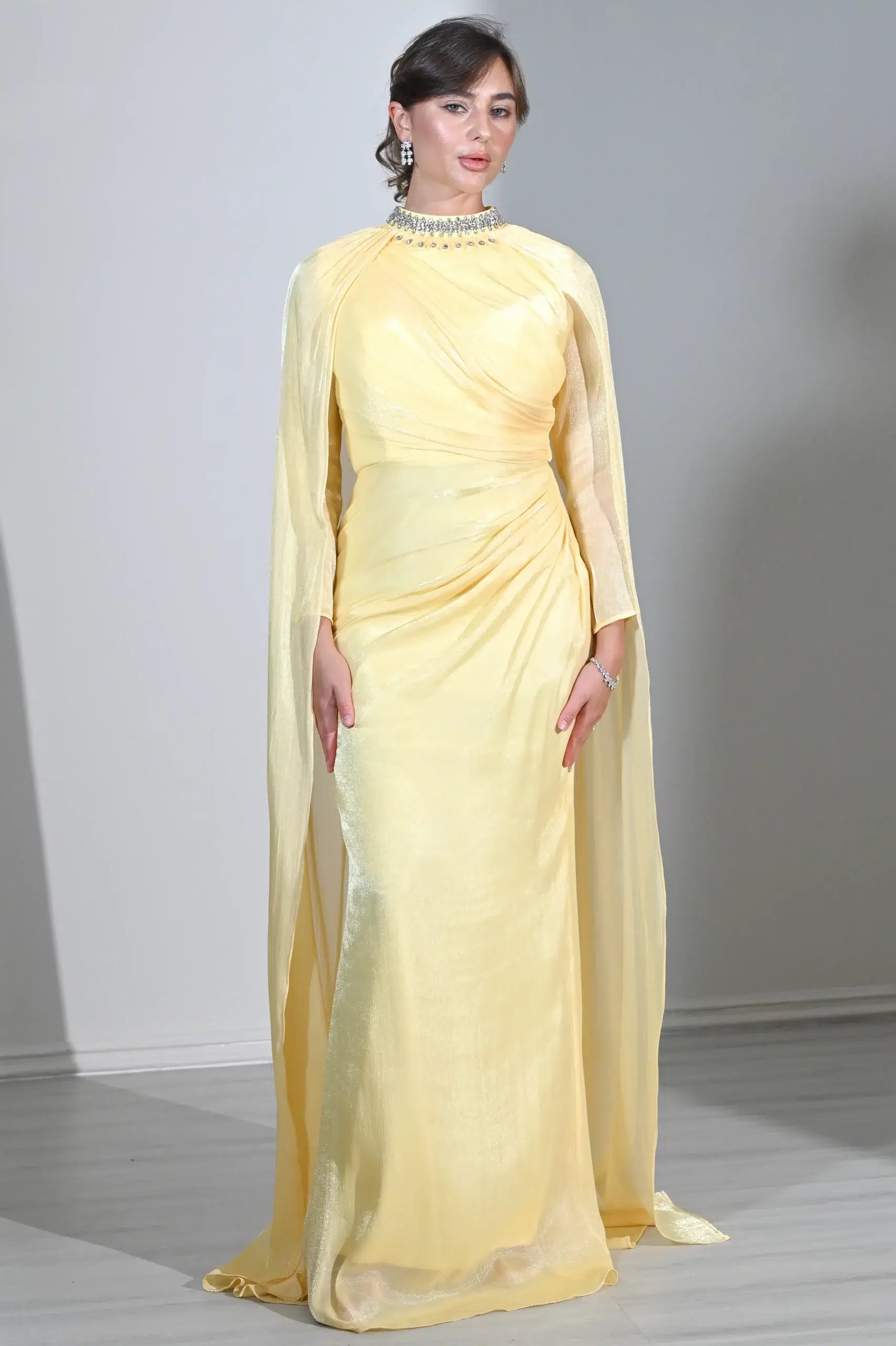 Embellished Neck Gathered Organza Dress