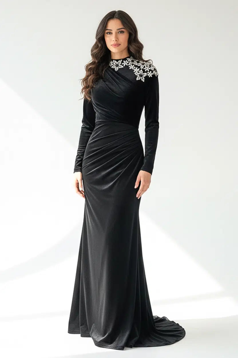 Embellished Shoulder Velvet Dress