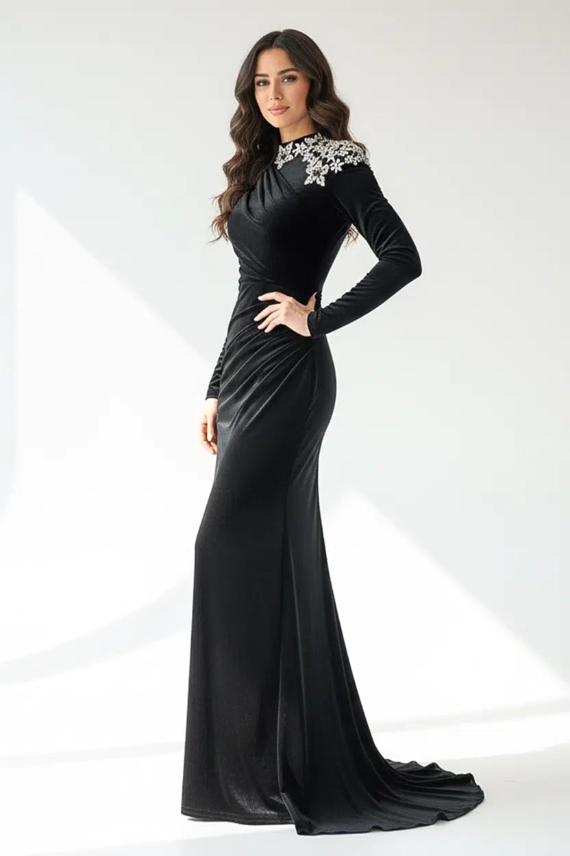 Embellished Shoulder Velvet Dress
