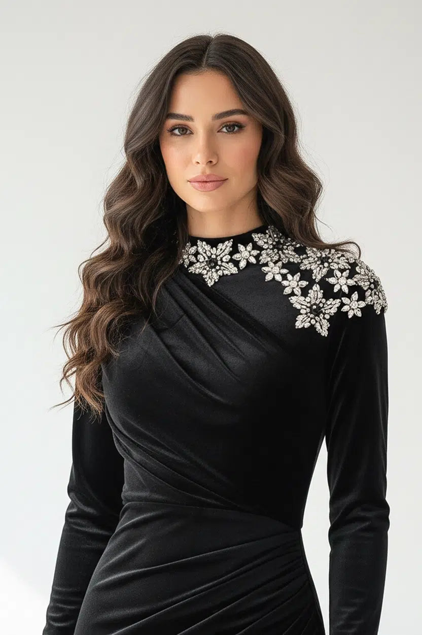 Embellished Shoulder Velvet Dress
