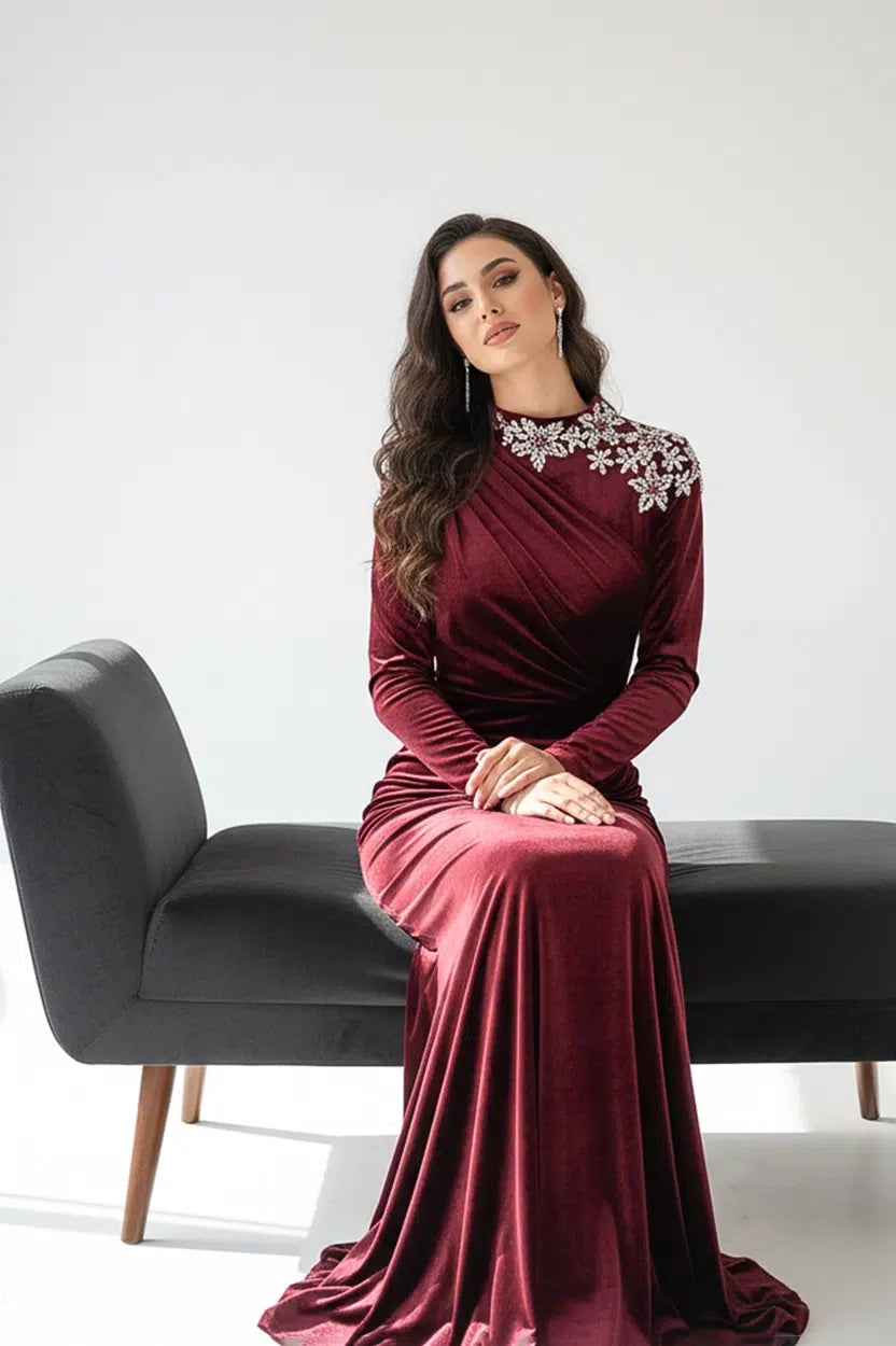 Embellished Shoulder Velvet Dress
