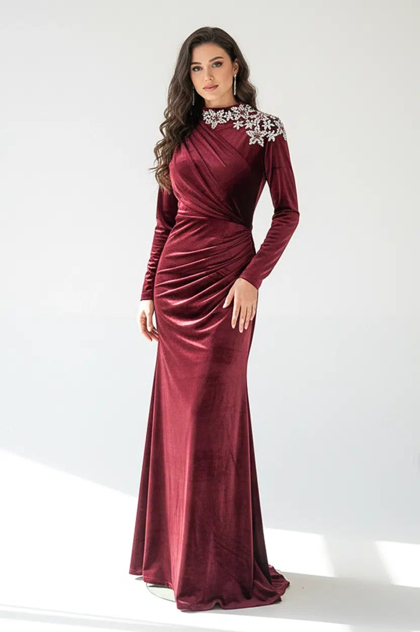 Embellished Shoulder Velvet Dress