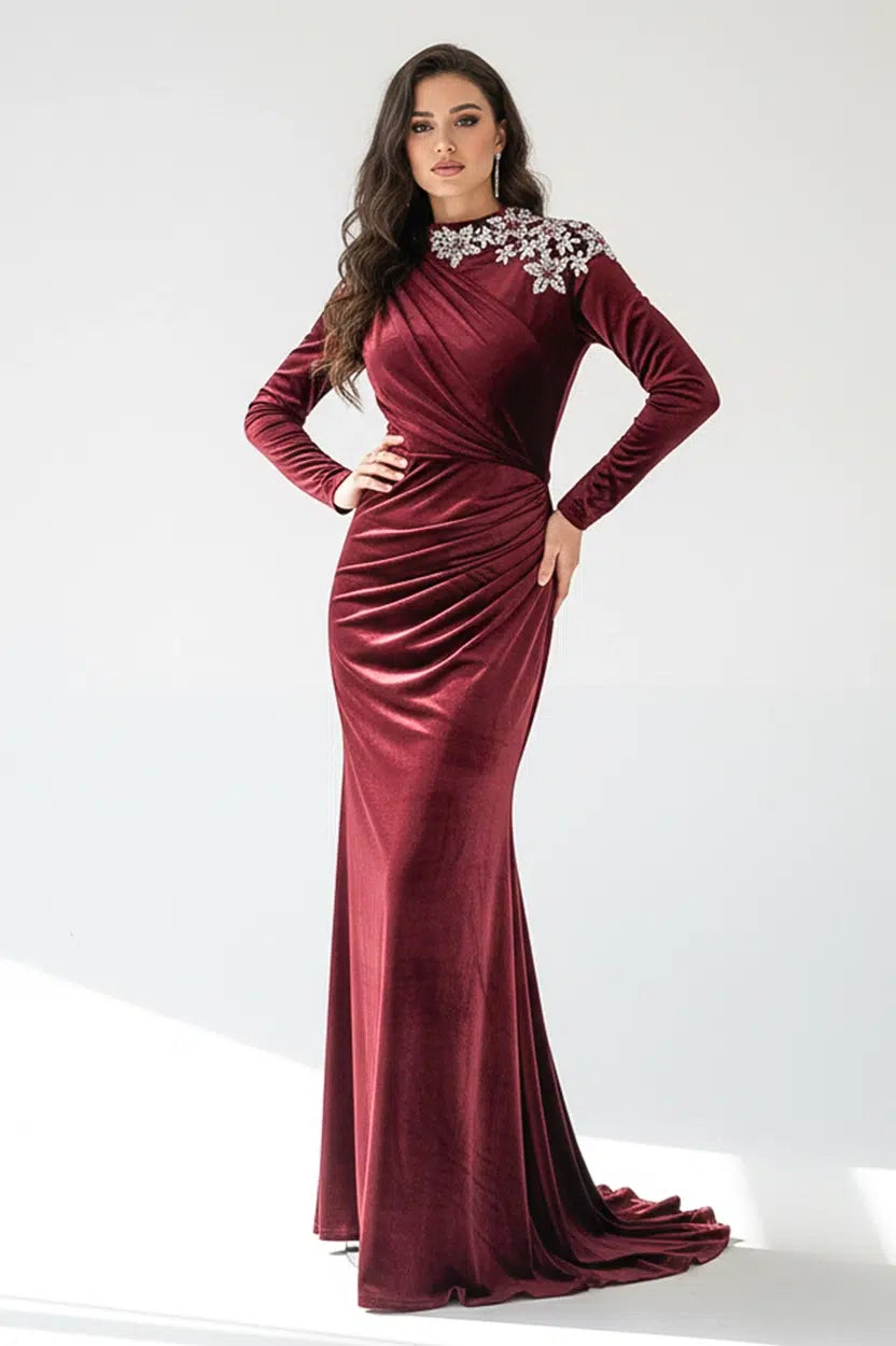 Embellished Shoulder Velvet Dress
