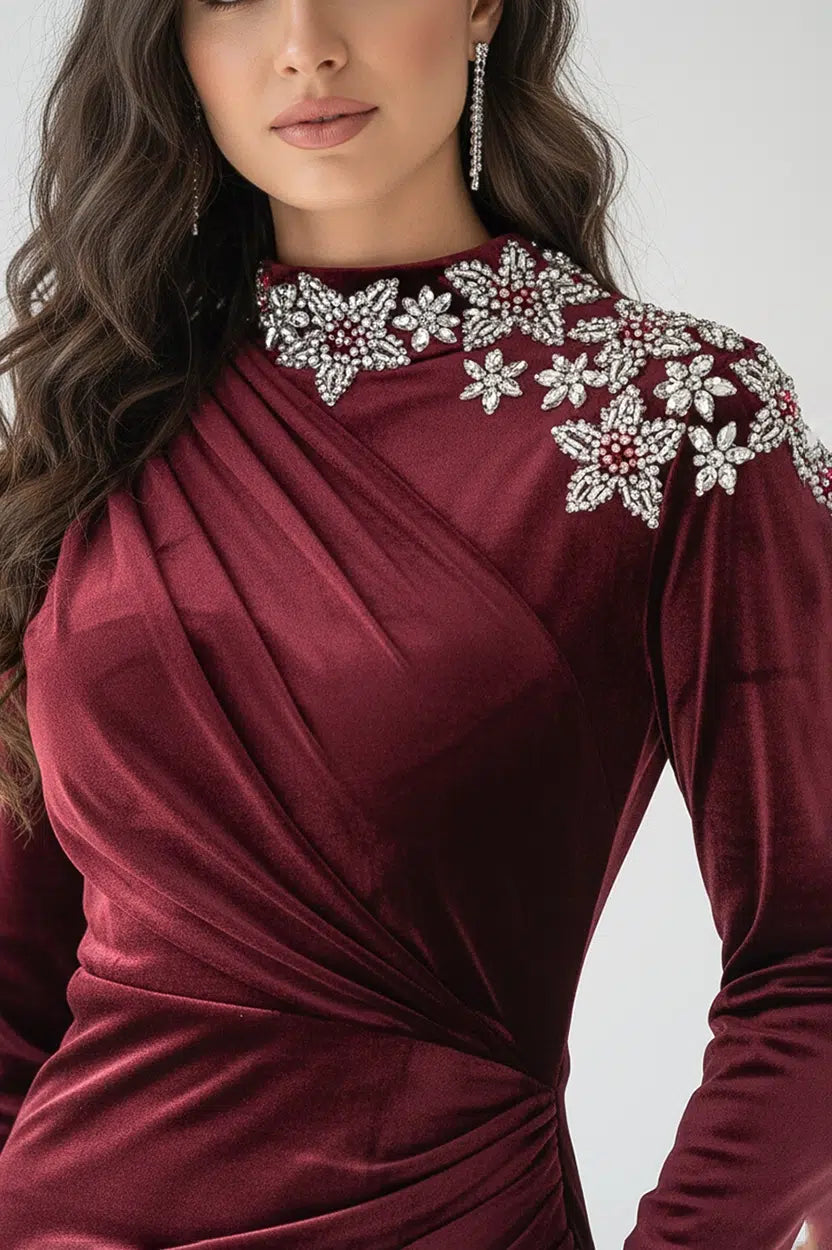 Embellished Shoulder Velvet Dress