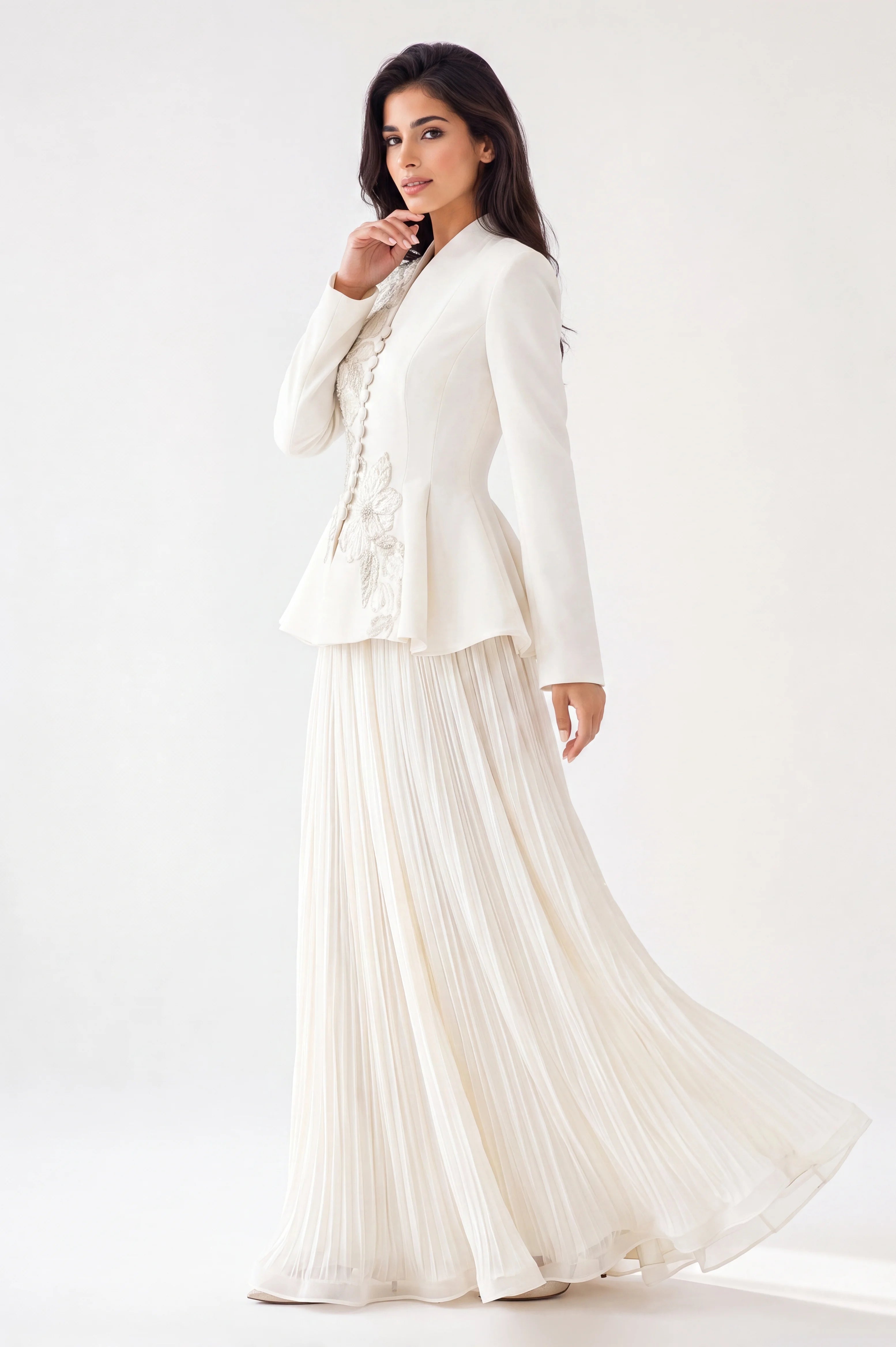 Embellished Blazer Plisse Chiffon Skirt Set