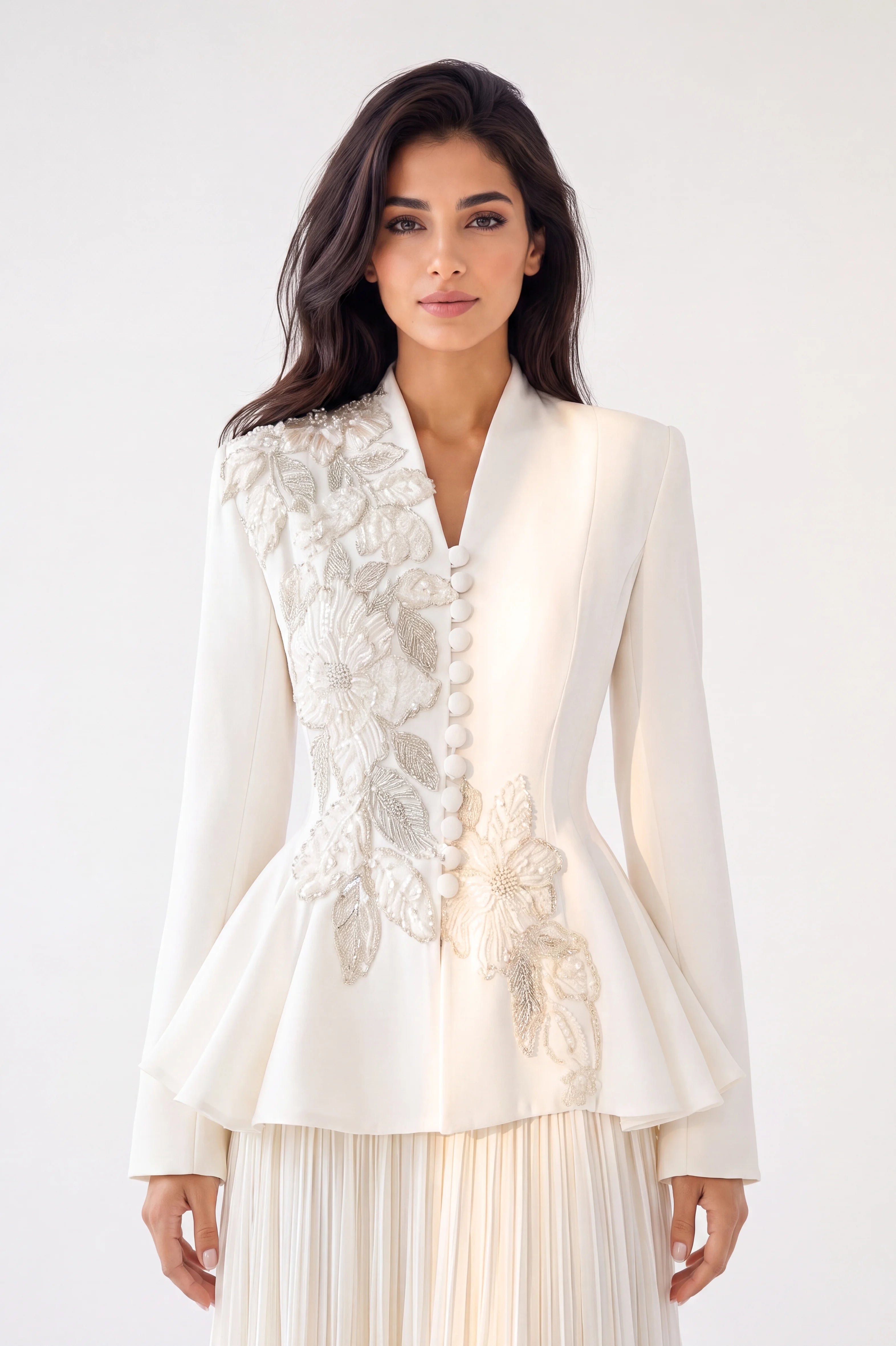 Embellished Blazer Plisse Chiffon Skirt Set