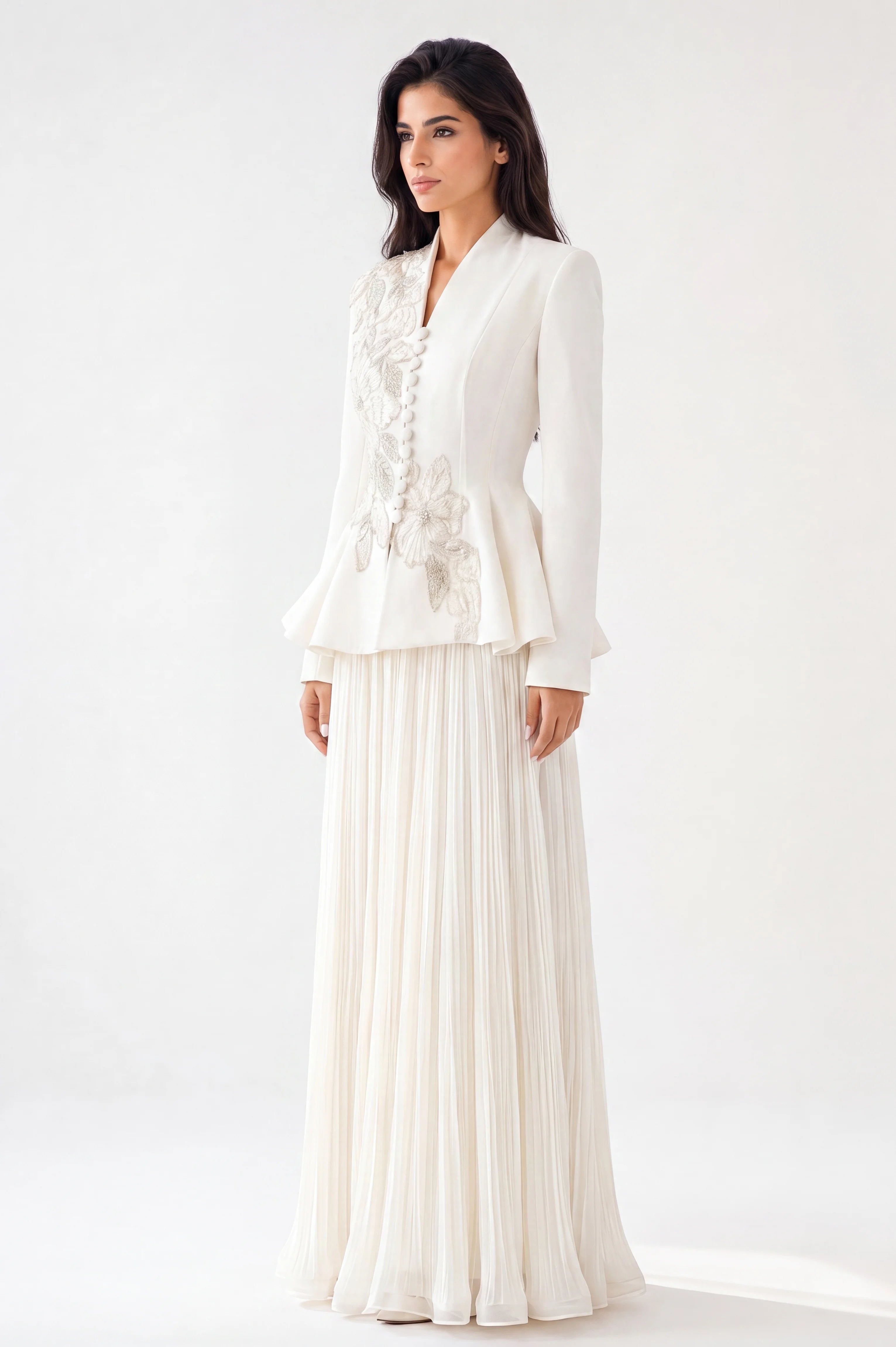 Embellished Blazer Plisse Chiffon Skirt Set