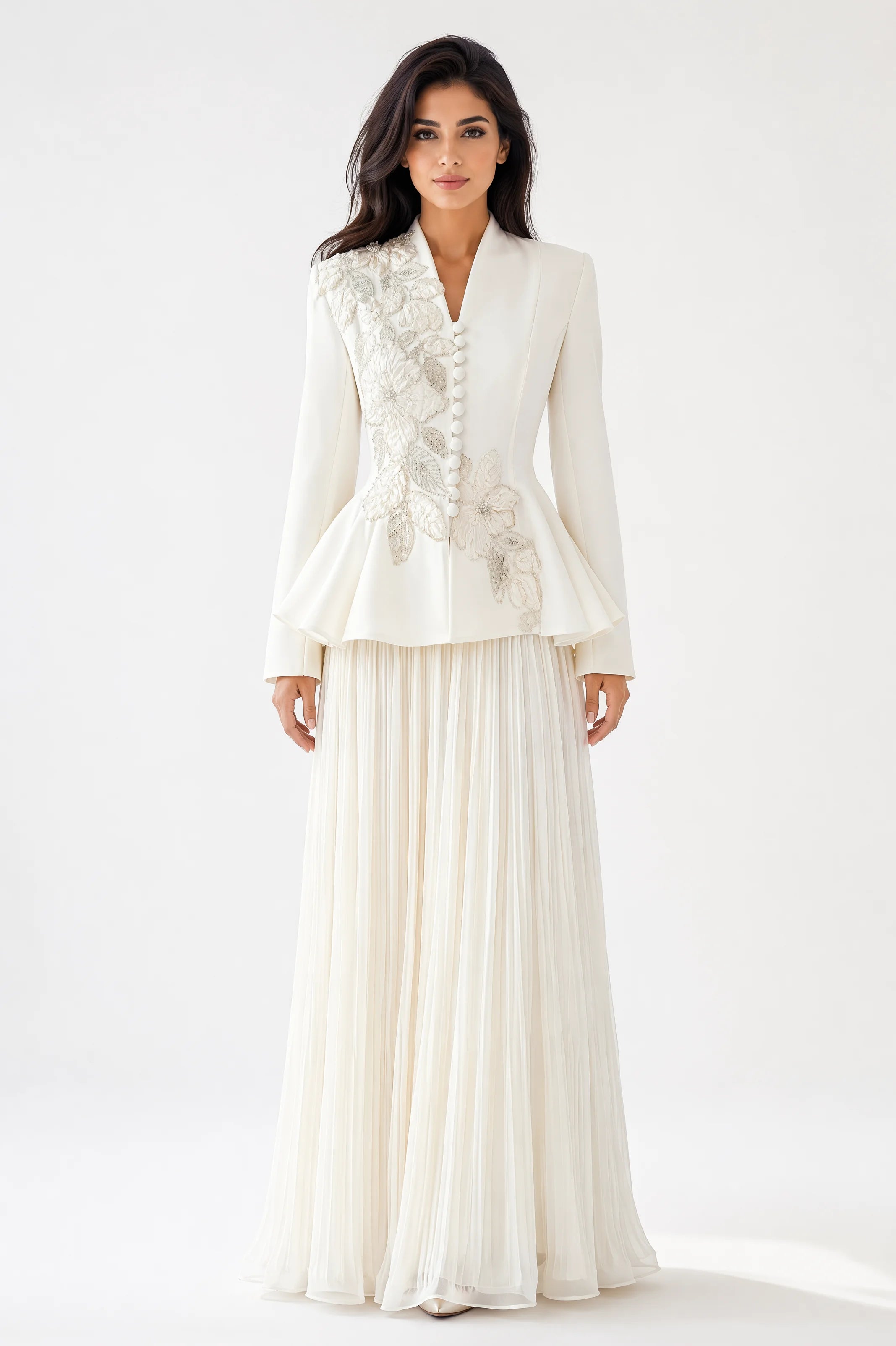 Embellished Blazer Plisse Chiffon Skirt Set