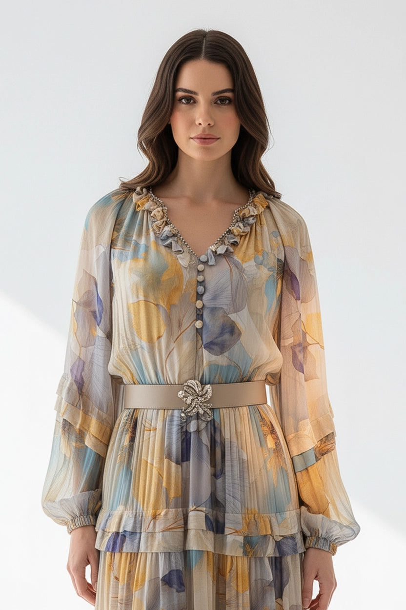 Embellished Bust Gathered Waist Chiffon