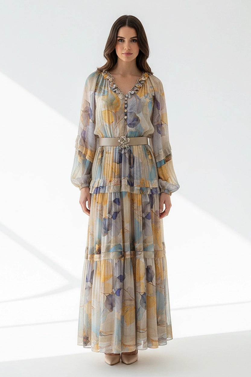 Embellished Bust Gathered Waist Chiffon