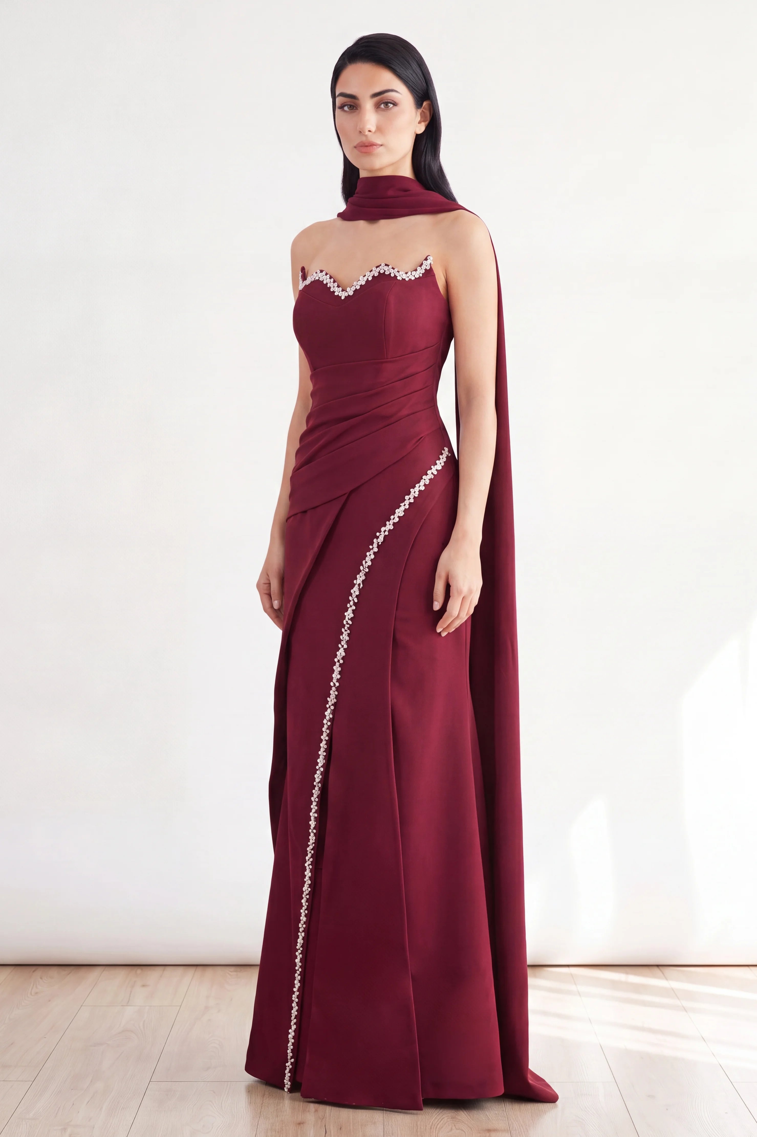 Embellished Bust-line Draped Waist Crepe Dress