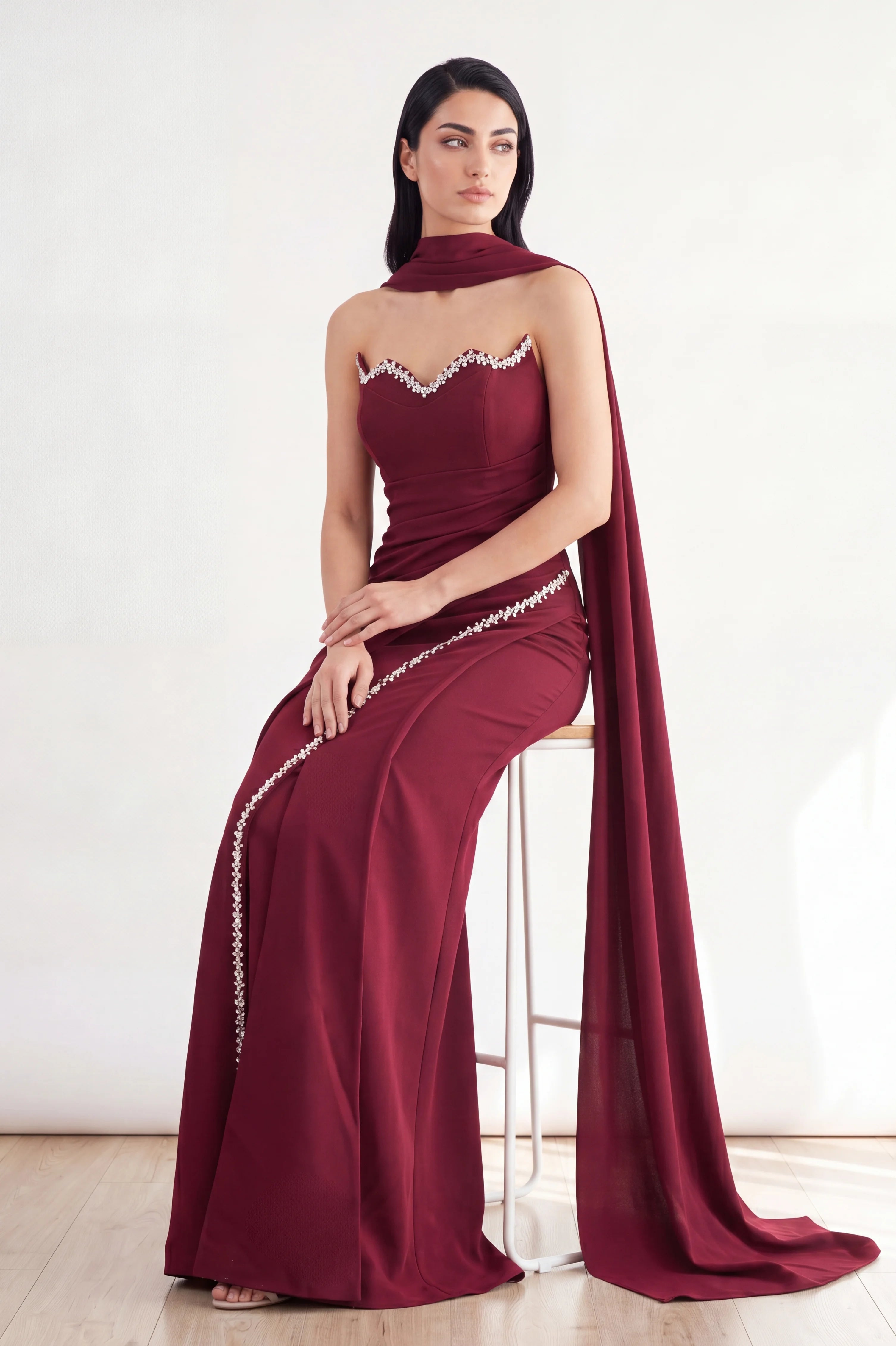 Embellished Bust-line Draped Waist Crepe Dress
