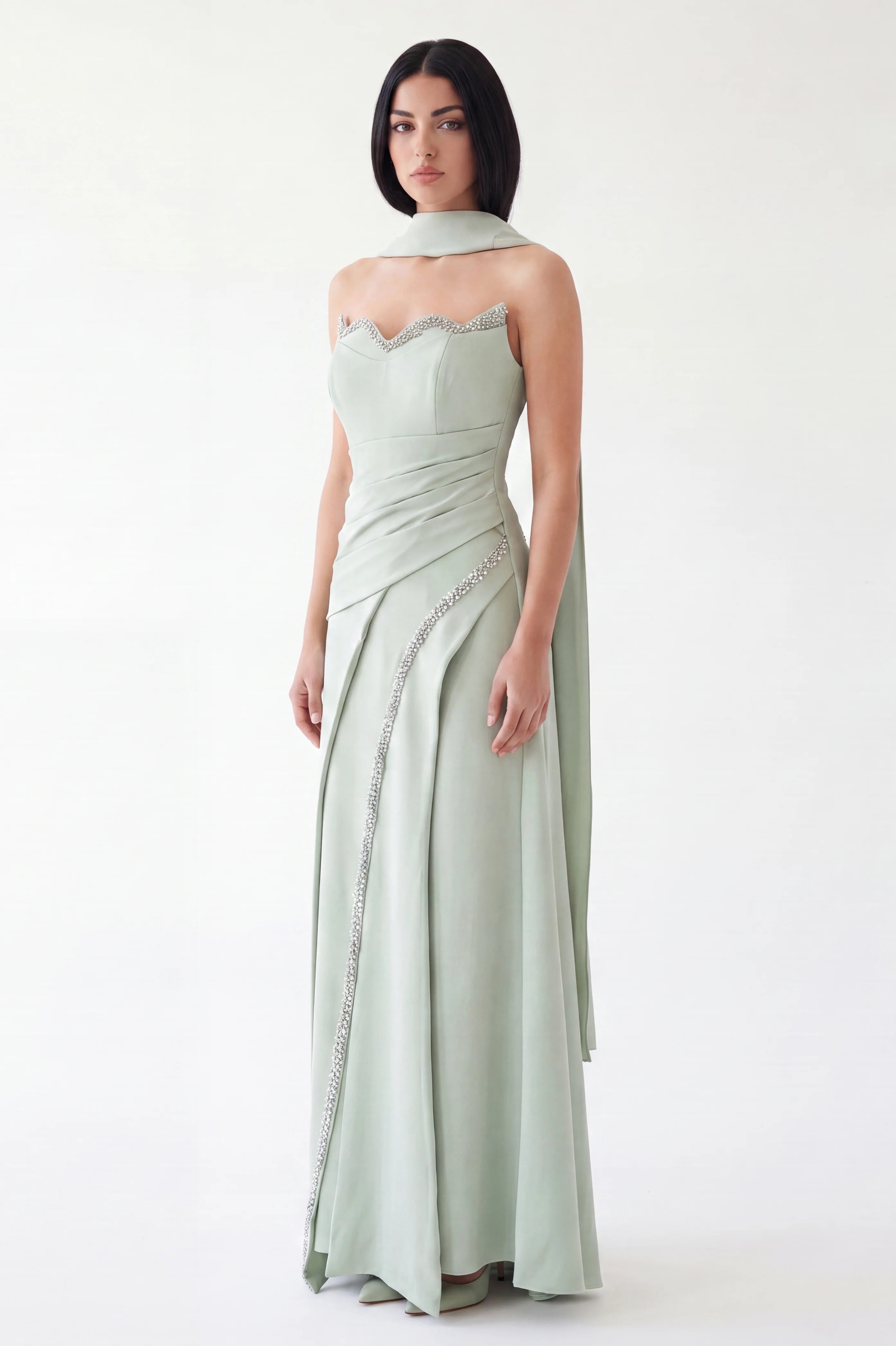 Embellished Bust-line Draped Waist Crepe Dress