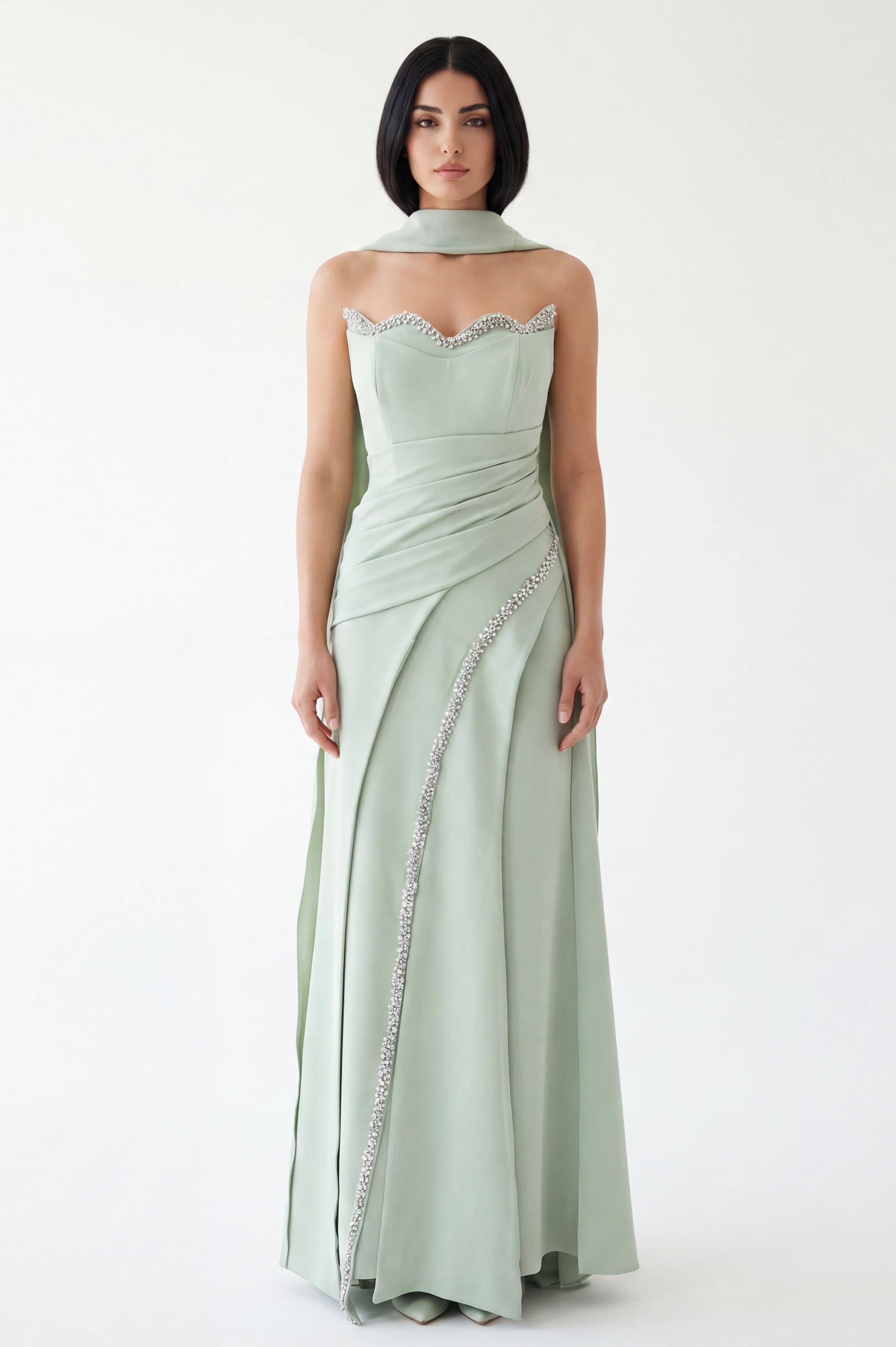 Embellished Bust-line Draped Waist Crepe Dress