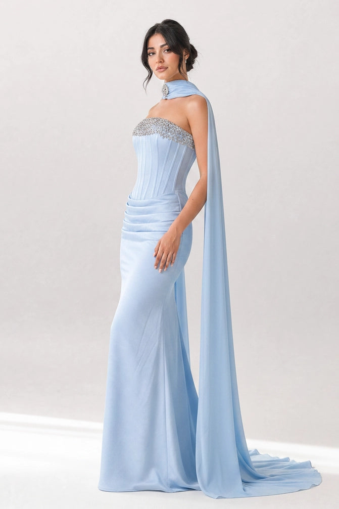 Embellished Corset Draped Waist Crepe Dress