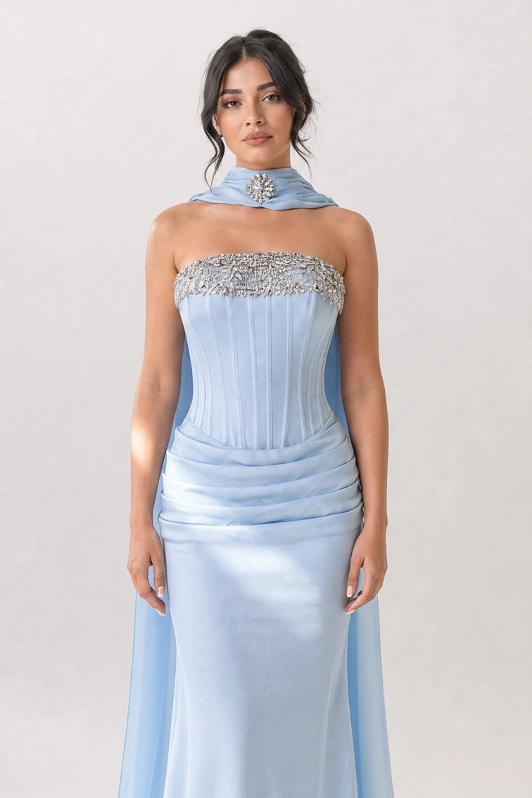 Embellished Corset Draped Waist Crepe Dress