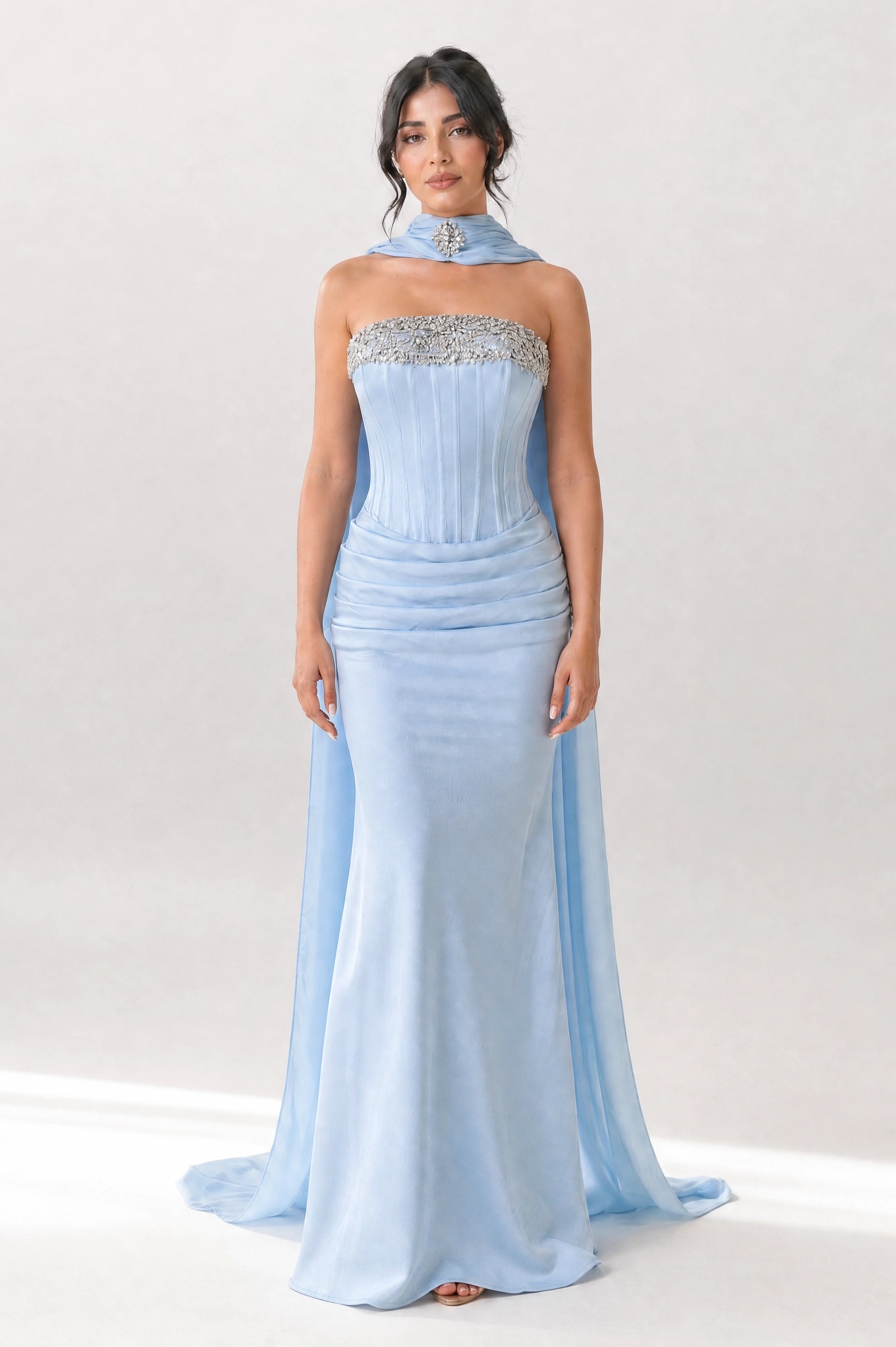 Embellished Corset Draped Waist Crepe Dress