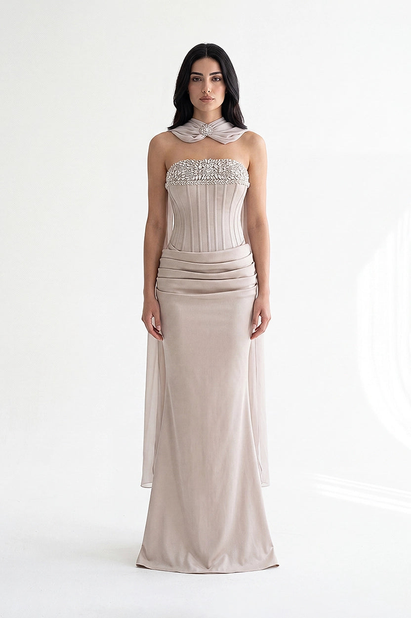 Embellished Corset Draped Waist Crepe Dress