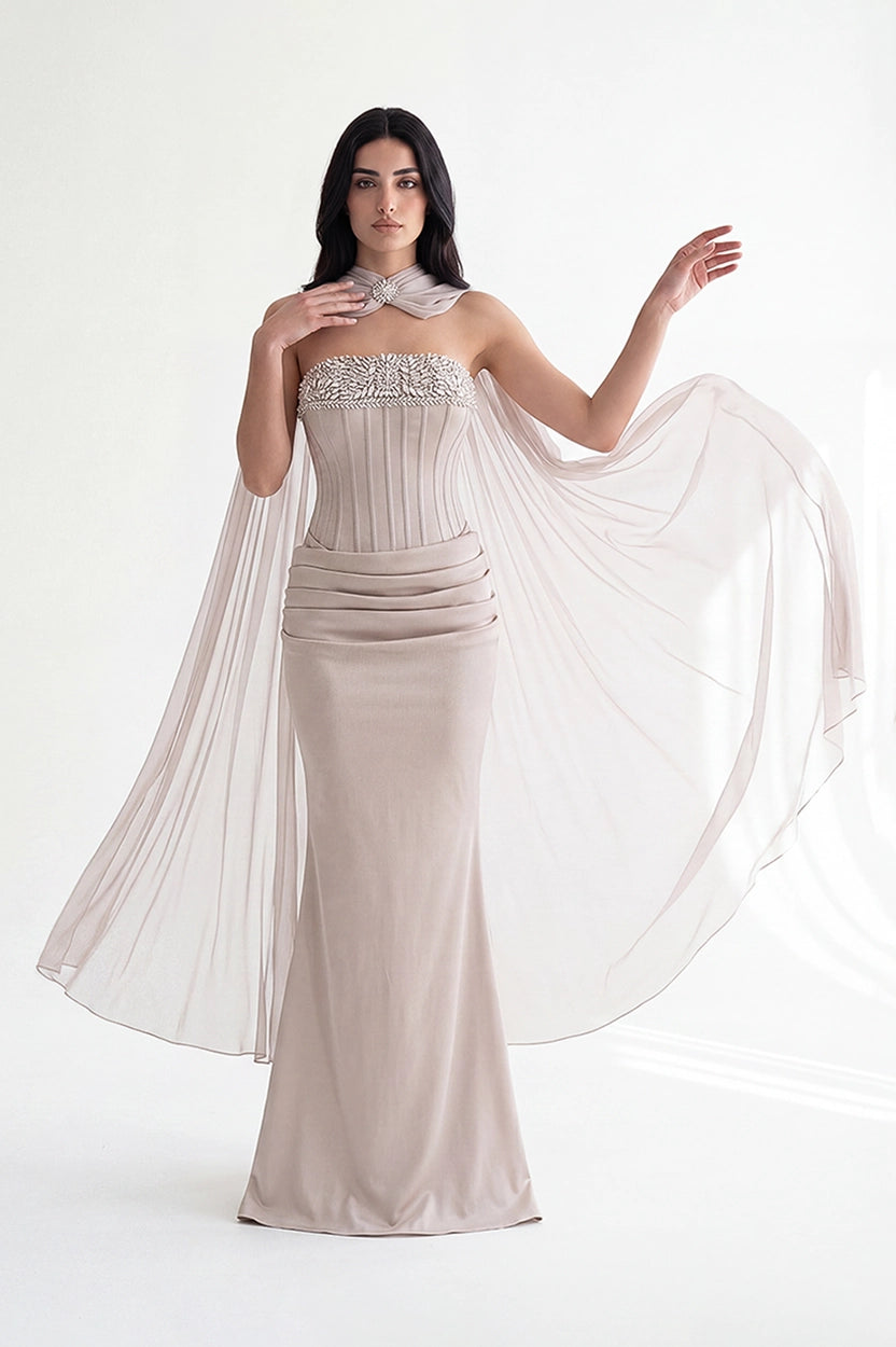 Embellished Corset Draped Waist Crepe Dress