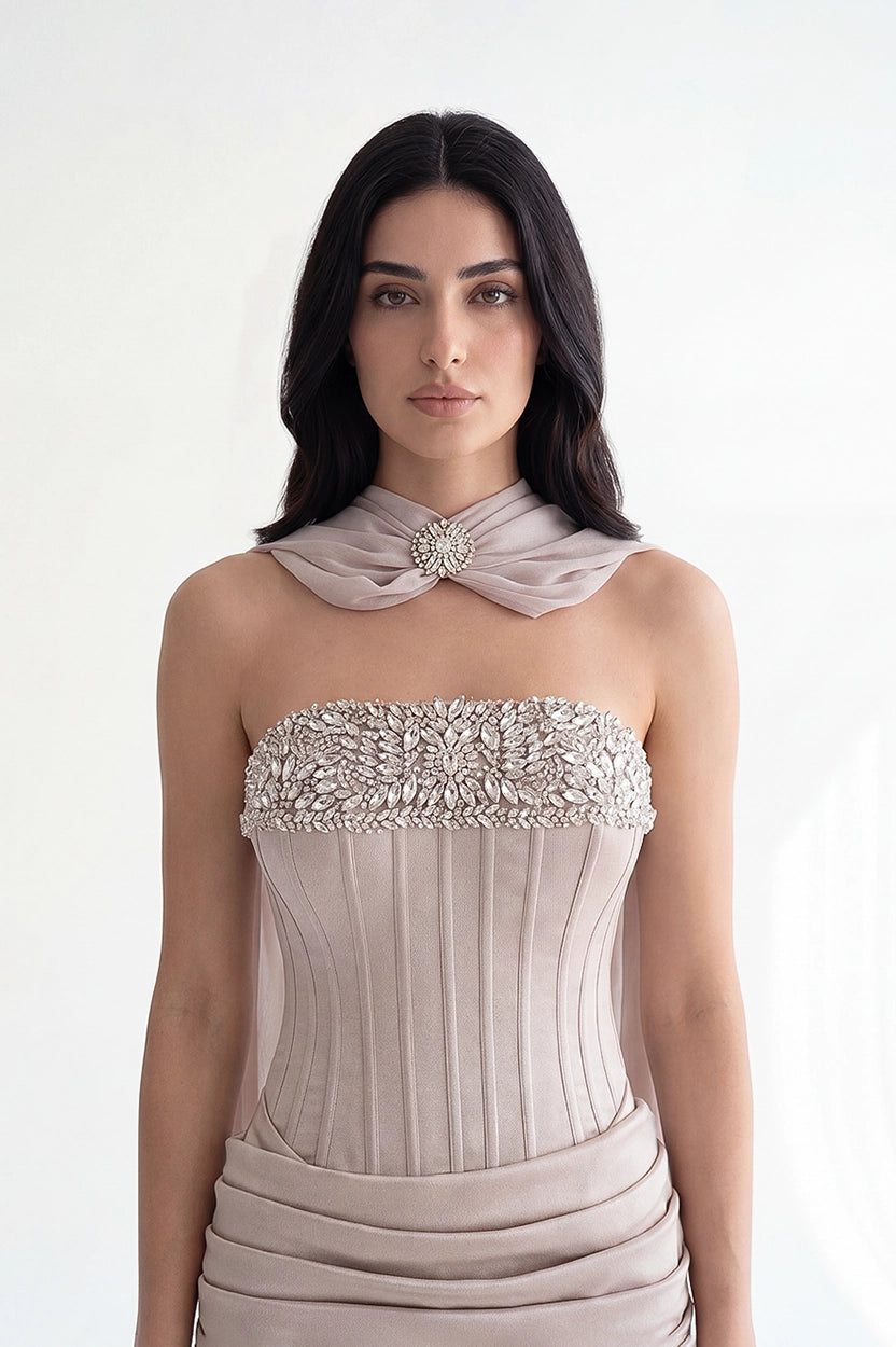 Embellished Corset Draped Waist Crepe Dress