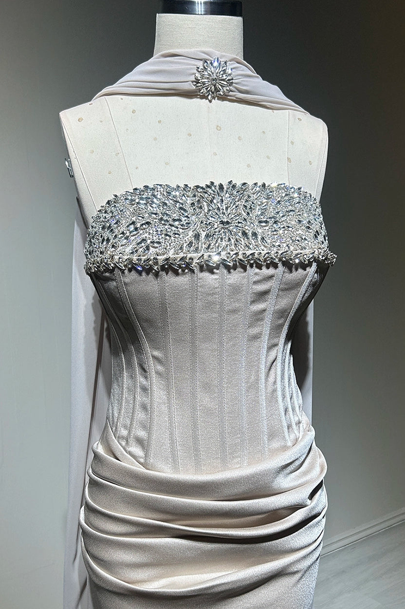 Embellished Corset Draped Waist Crepe Dress