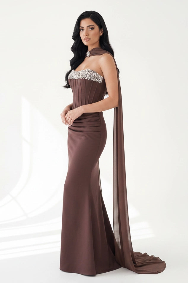 Embellished Corset Draped Waist Crepe Dress
