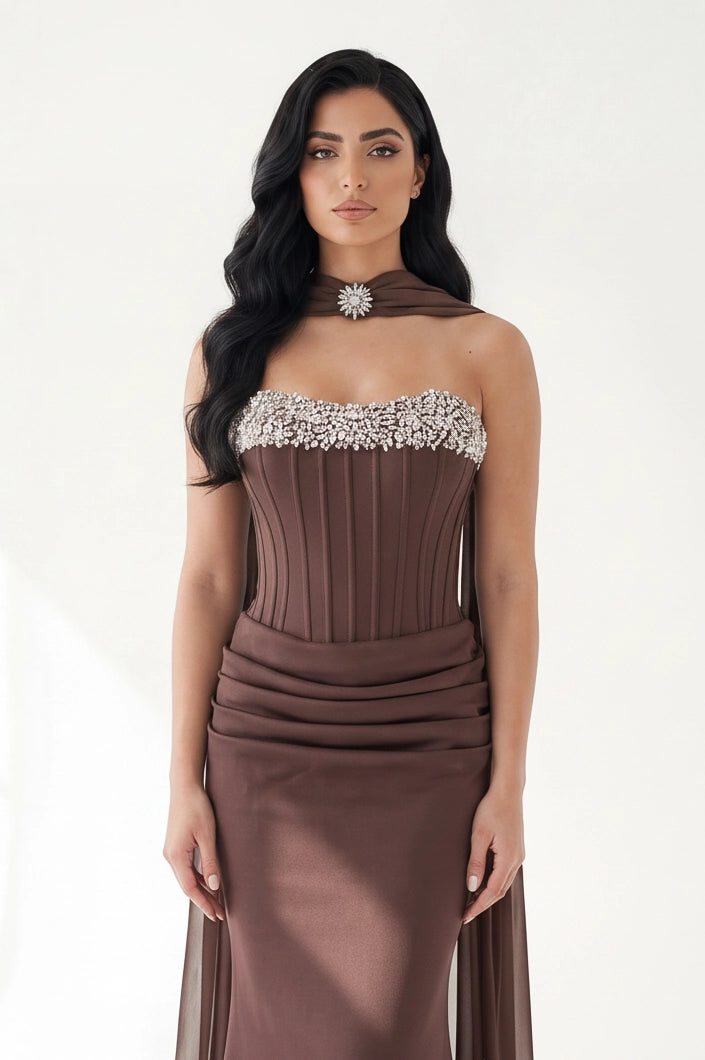 Embellished Corset Draped Waist Crepe Dress