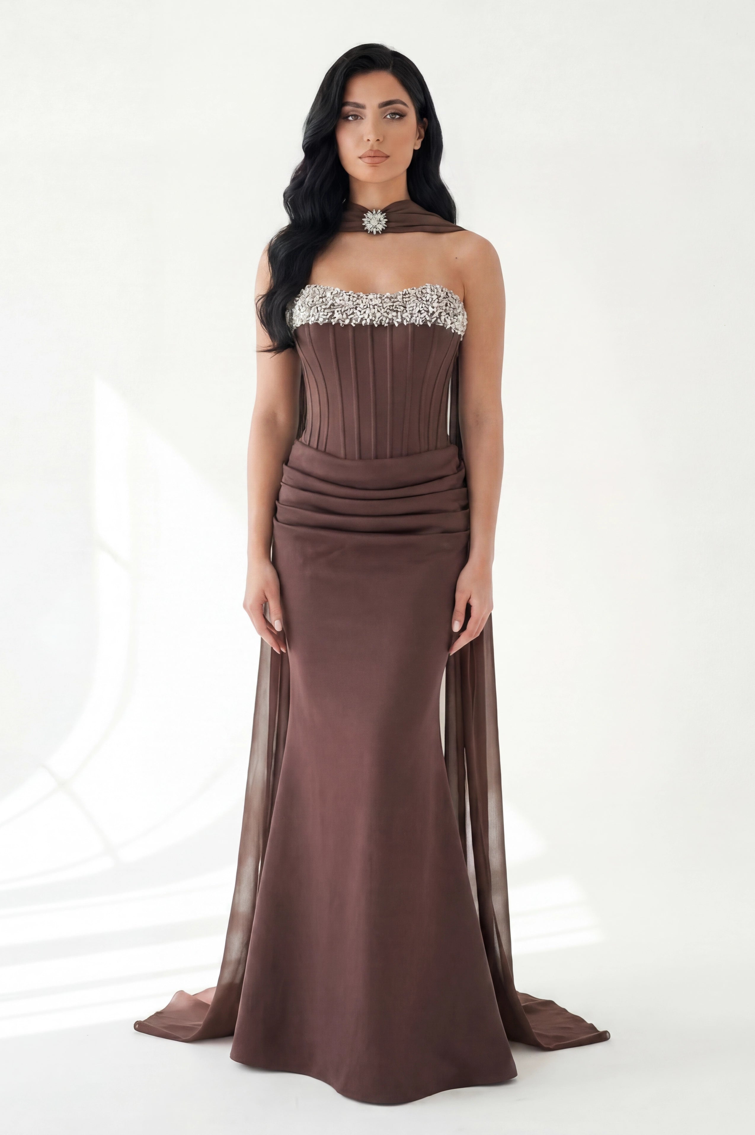 Embellished Corset Draped Waist Crepe Dress