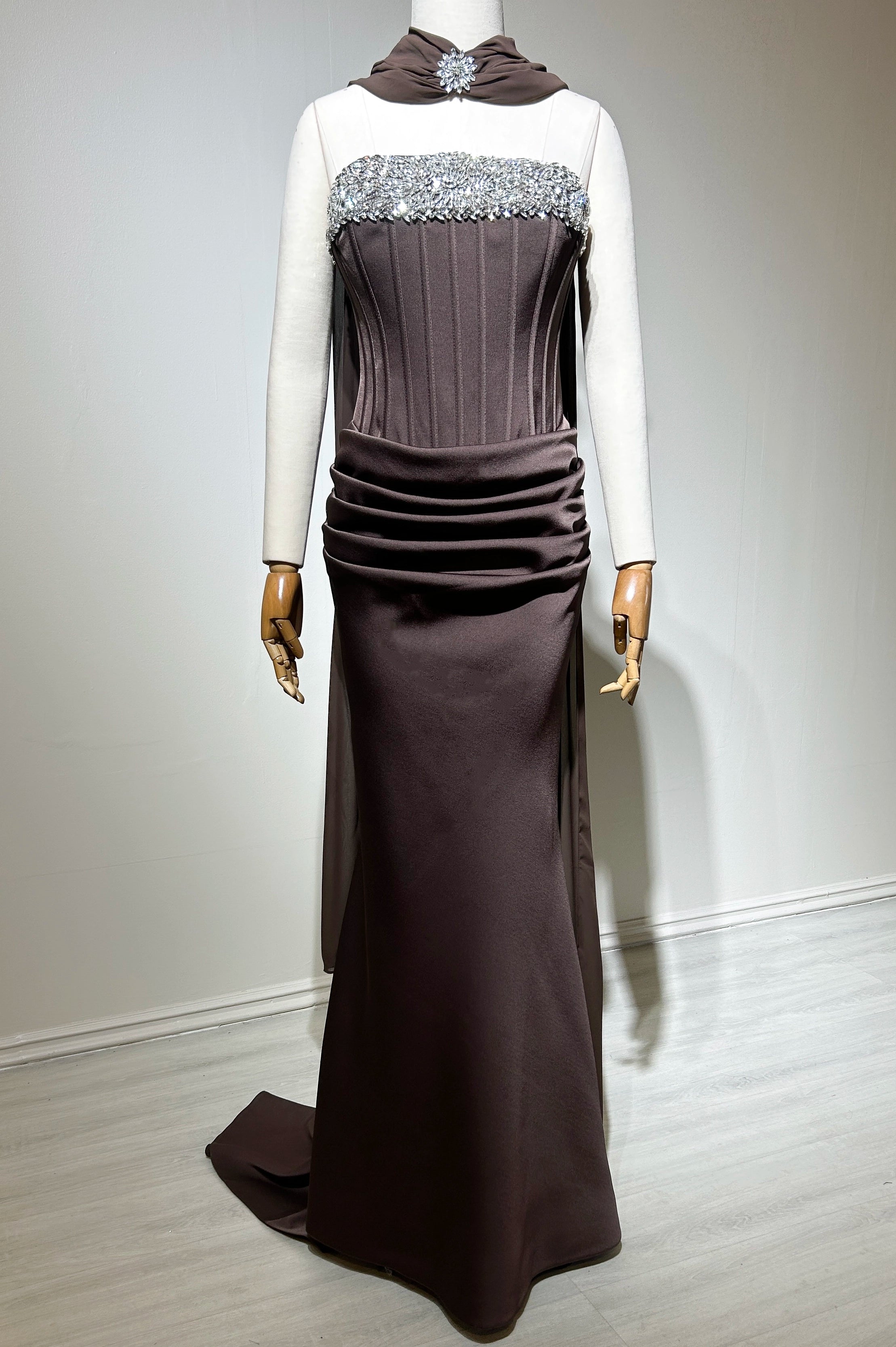 Embellished Corset Draped Waist Crepe Dress