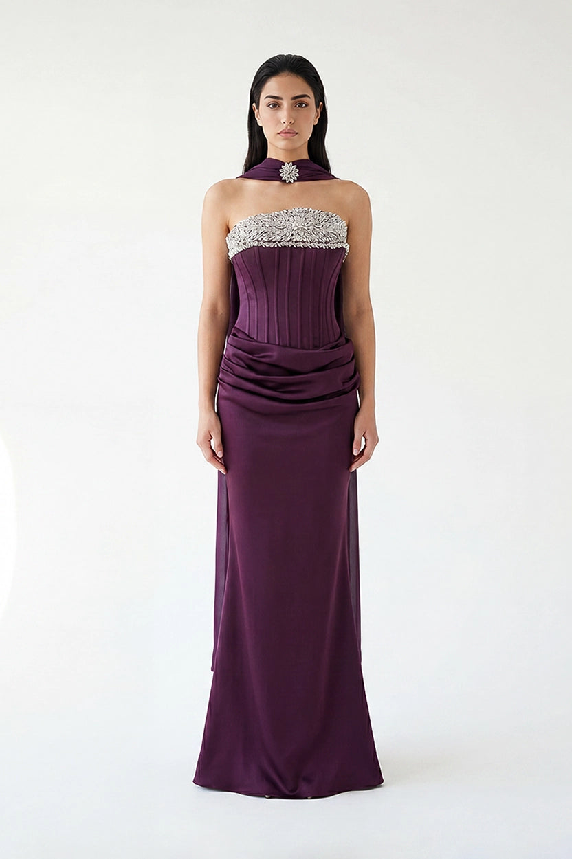 Embellished Corset Draped Waist Crepe Dress