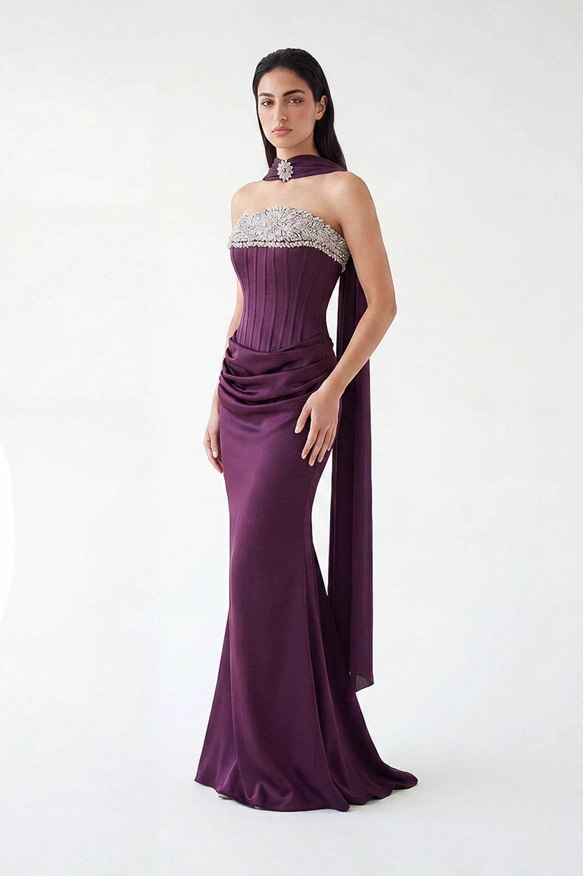 Embellished Corset Draped Waist Crepe Dress