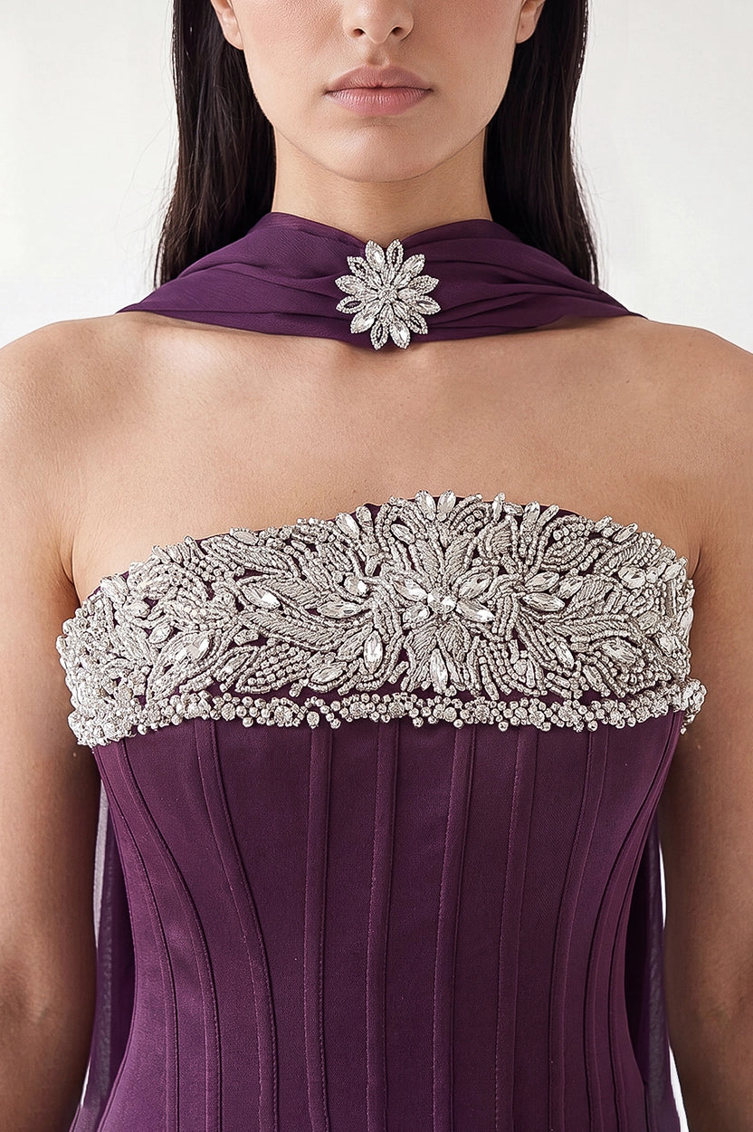 Embellished Corset Draped Waist Crepe Dress