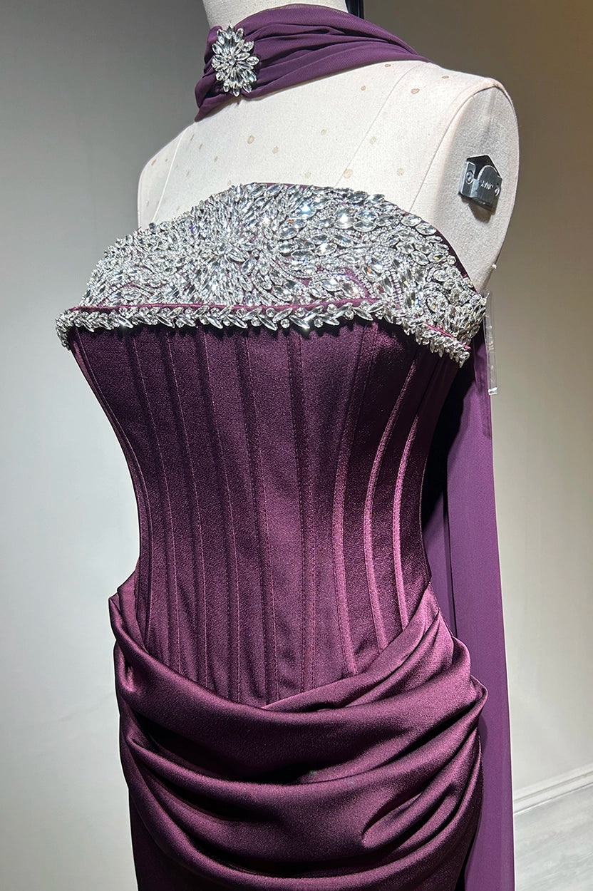 Embellished Corset Draped Waist Crepe Dress