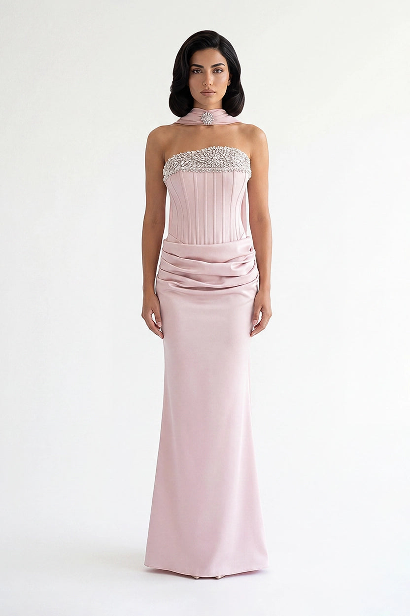 Embellished Corset Draped Waist Crepe Dress