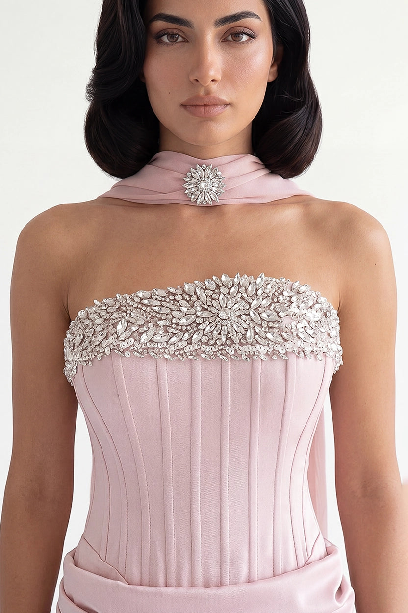 Embellished Corset Draped Waist Crepe Dress
