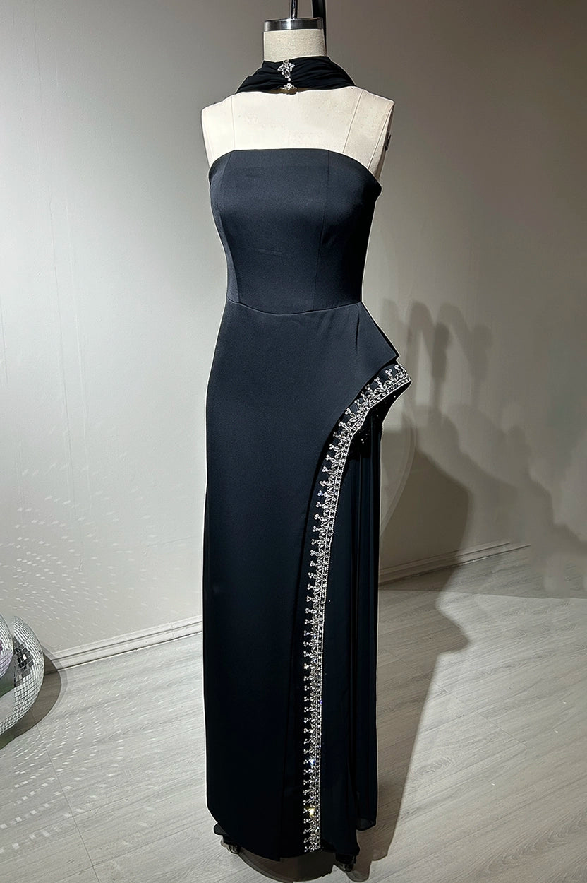 Embellished Slit Crepe Dress