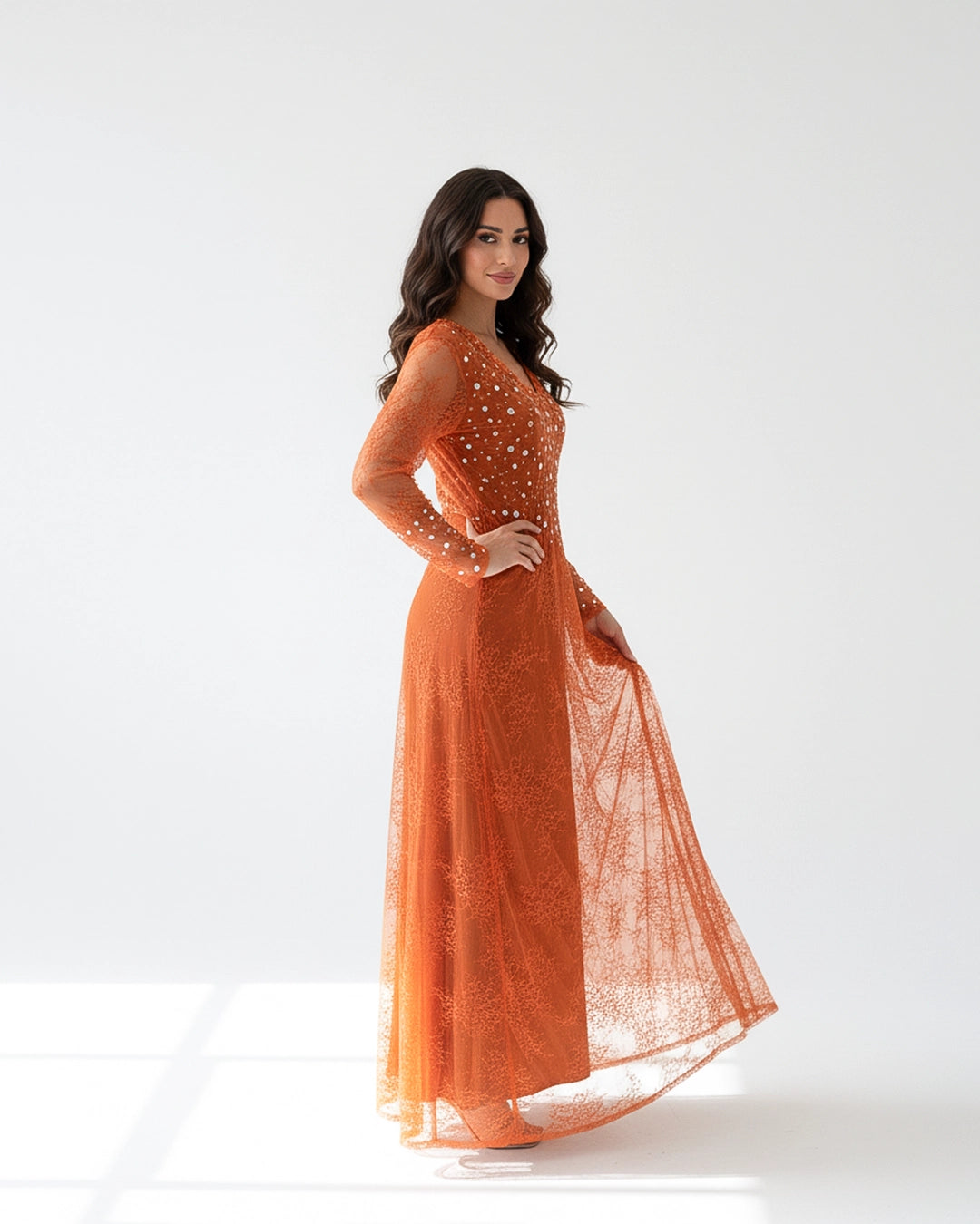 Embroidered Neckline Sequin Datils Dantel