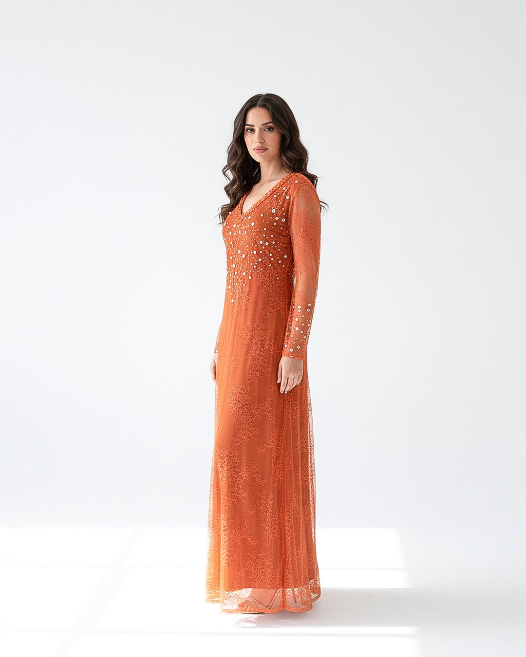 Embroidered Neckline Sequin Datils Dantel