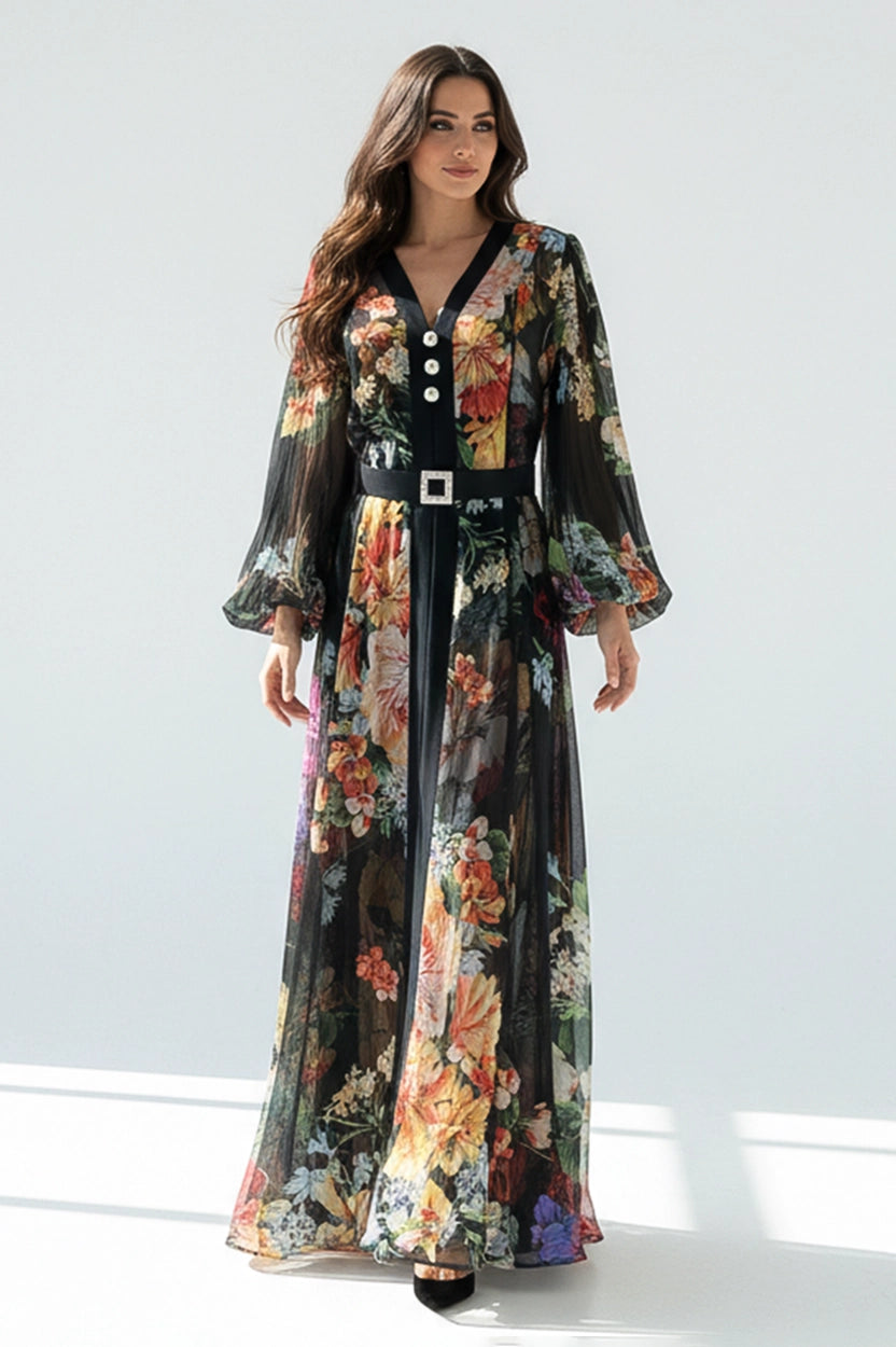Floral Balloon Sleeves Chiffon Dress