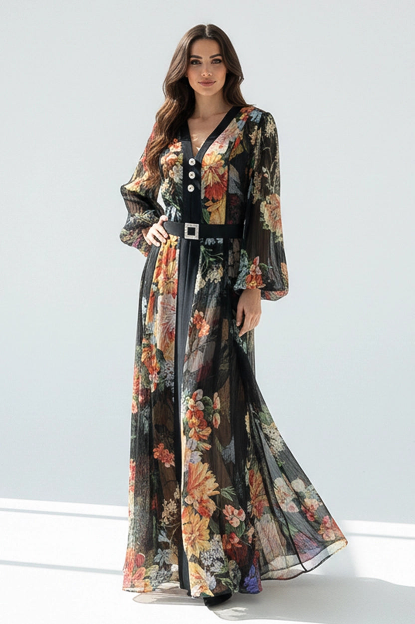 Floral Balloon Sleeves Chiffon Dress