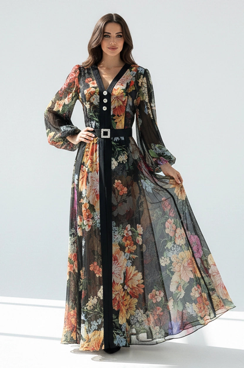 Floral Balloon Sleeves Chiffon Dress