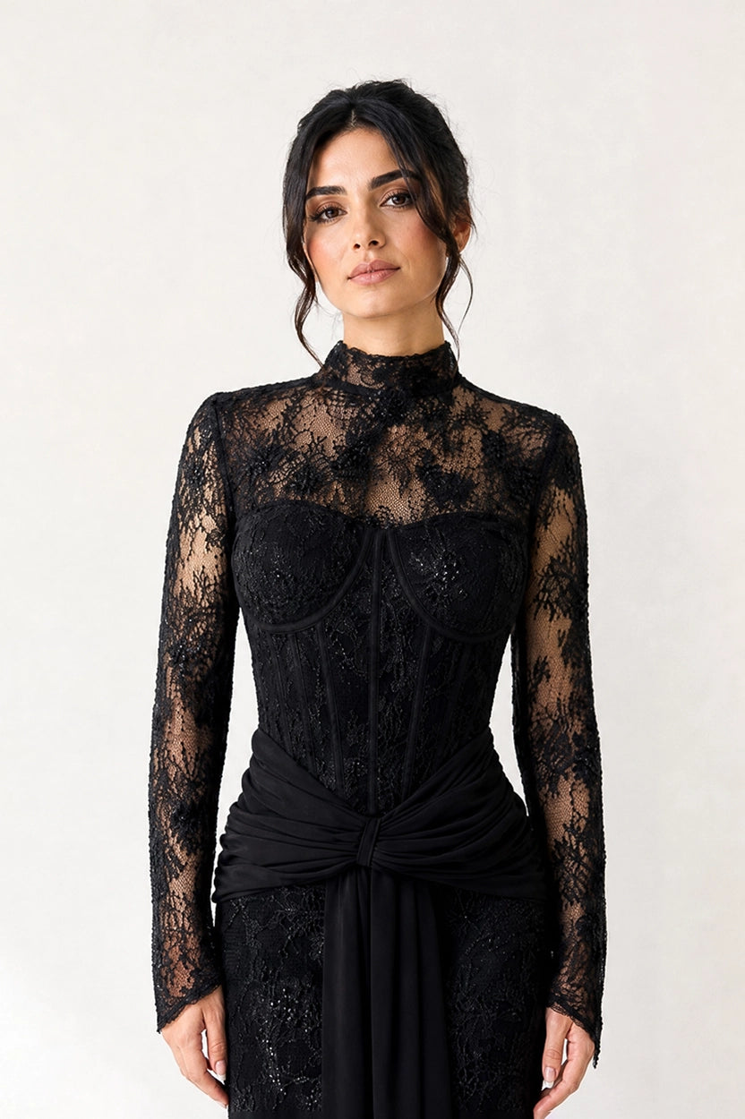 Floral Corset Draped Waistline Tulle Dress