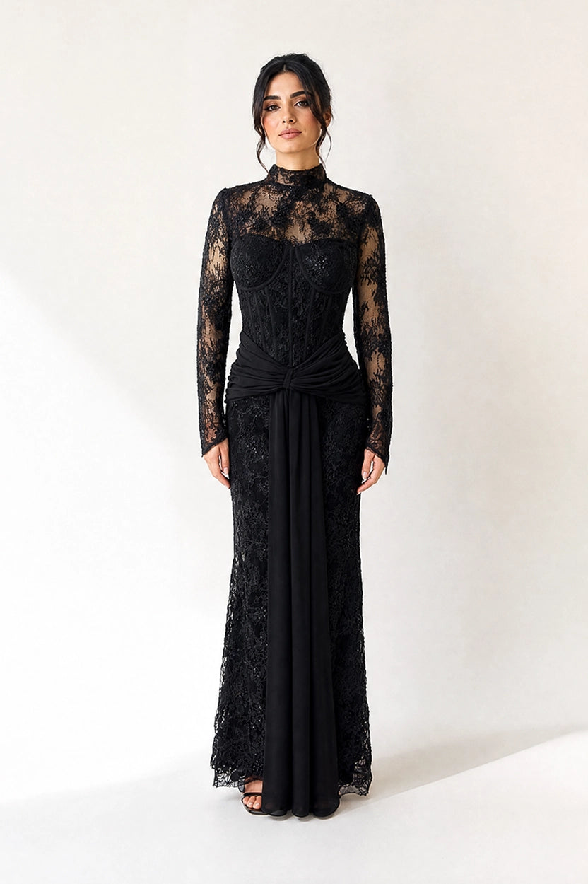 Floral Corset Draped Waistline Tulle Dress
