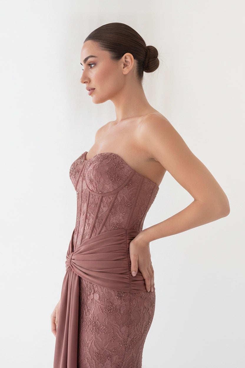 Floral Corset Draped Waistline Tulle Dress