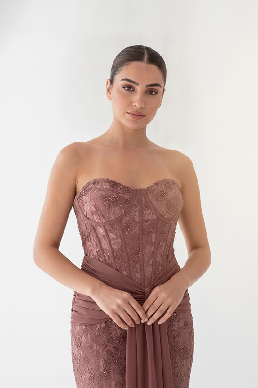 Floral Corset Draped Waistline Tulle Dress